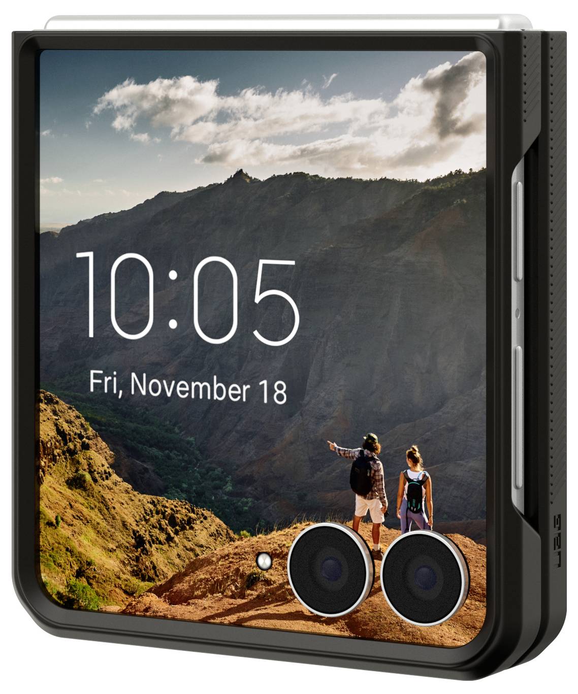 Robuste schwarze Smartphone-Hülle mit einem landschaftlichen Sperrbildschirm, der zwei Wanderer auf einem Bergpfad zeigt, 10:05 Uhr, Fr., 18. November.