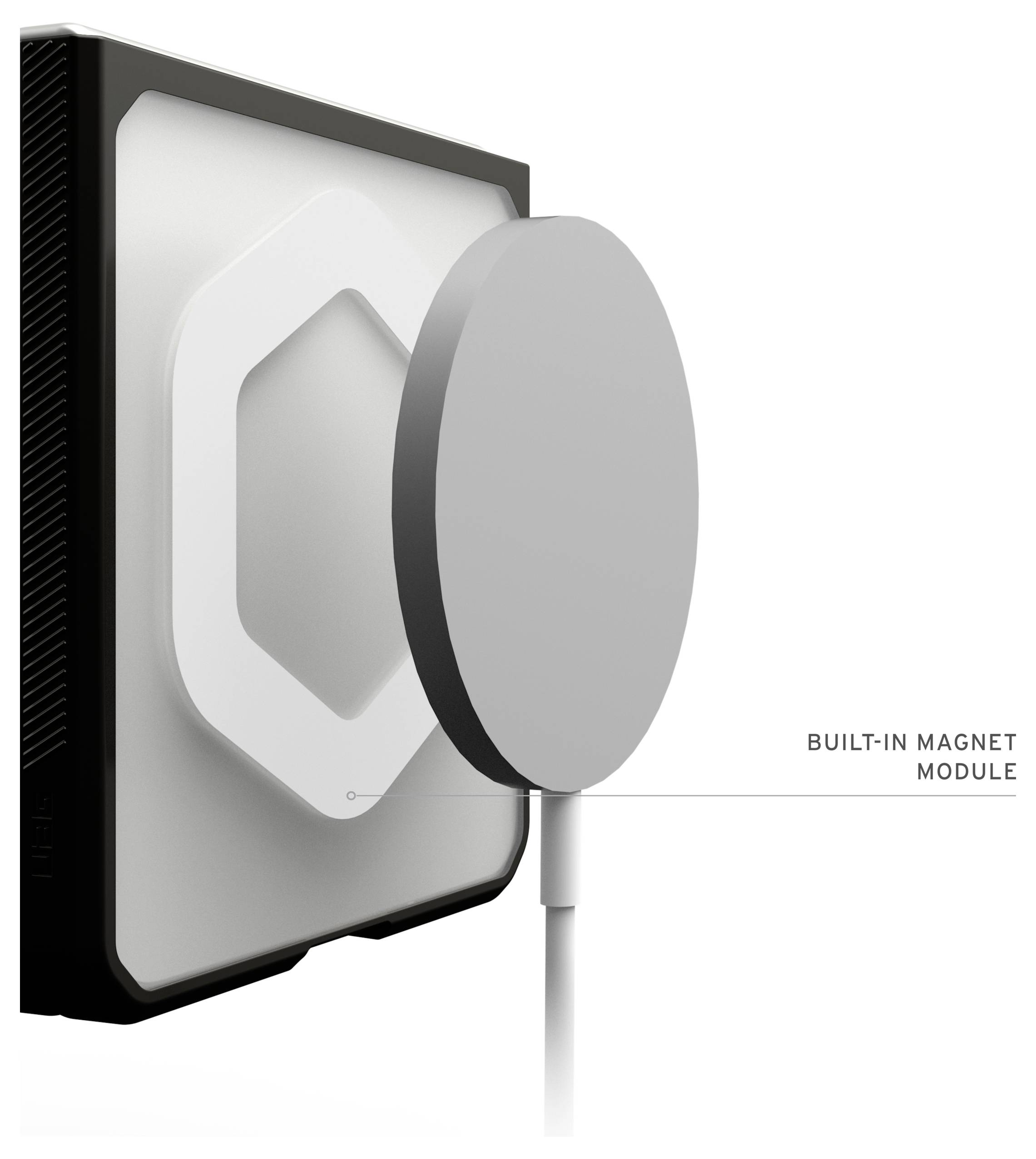 Nahaufnahme-Produktillustration eines integrierten Magnetmoduls mit einem kreisförmigen magnetischen Puck, der an einem quadratischen Gerät mit Kabel befestigt ist.