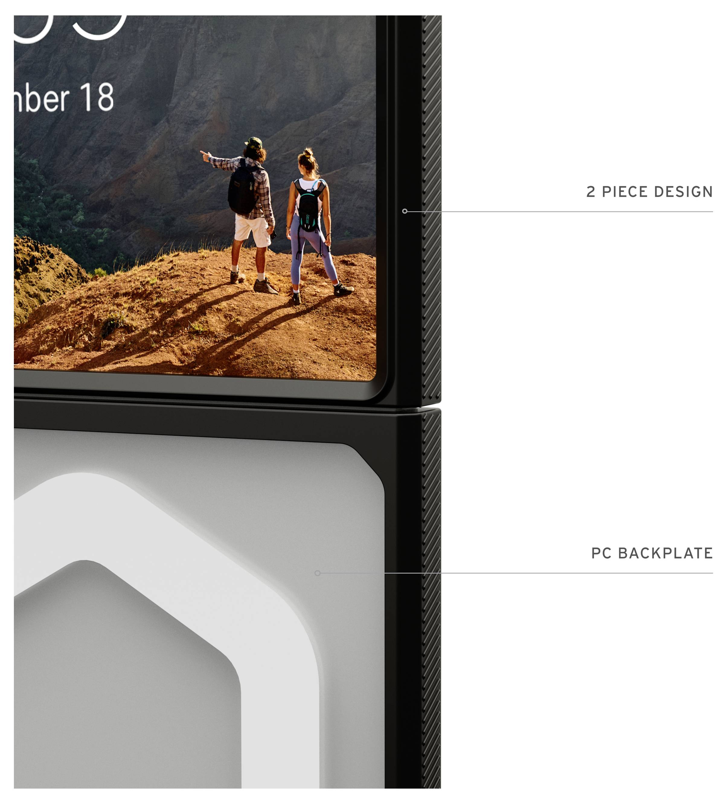 Nahaufnahme einer Smartphone-Hülle, die in zwei Teilen gezeigt wird, mit den Beschriftungen „2 PIECE DESIGN