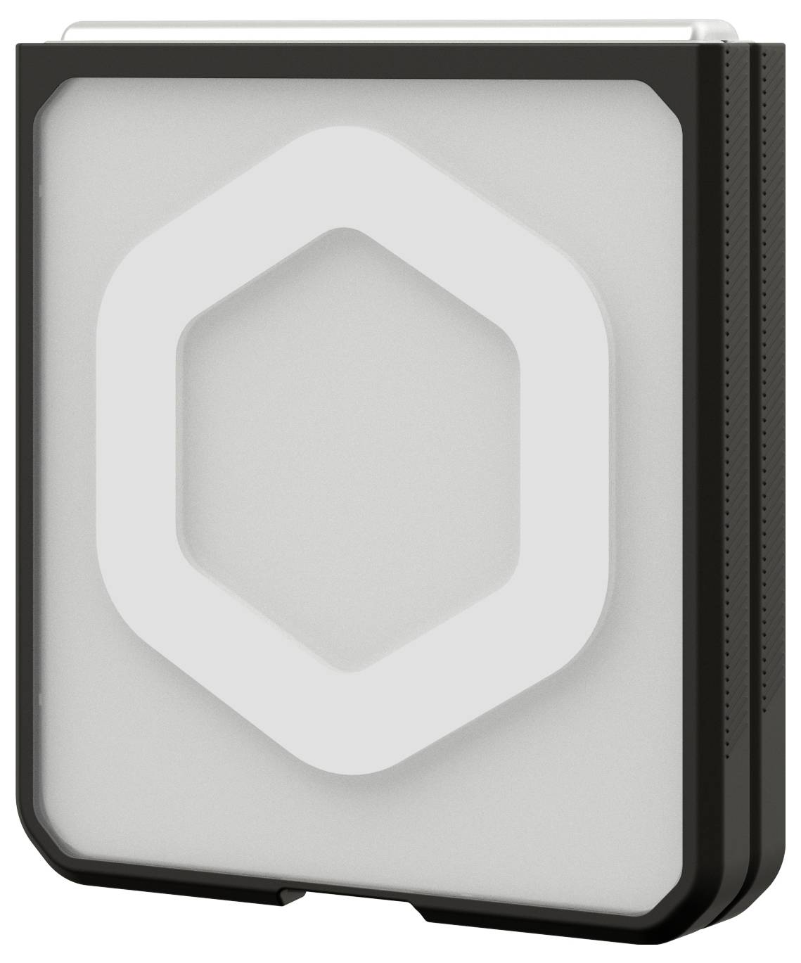 Stilisiertes graues Quadratsymbol mit weißem Sechseck-Umriss, das einem Computer-App- oder Gerätesymbol ähnelt.