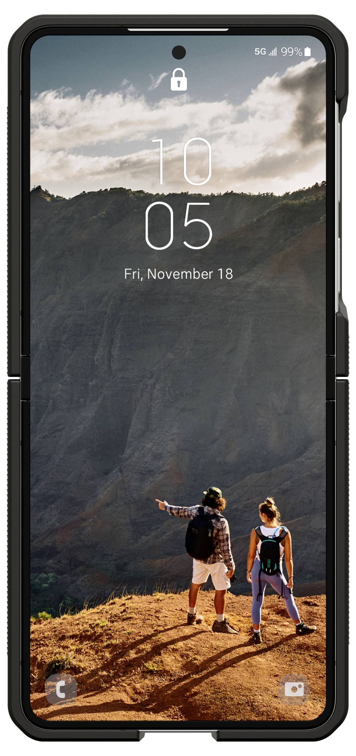 Gesperrter Smartphone-Startbildschirm mit Wander-Hintergrundbild mit zwei Personen auf einer Klippe bei Sonnenuntergang, Uhrzeit 10:05 und Datum Fr., 18. November.