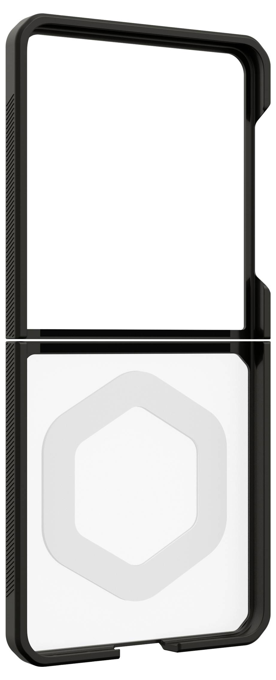 Ein schwarzes Smartphone-Case in Vorder- und Seitenansicht, mit einem erhabenen sechseckigen MagSafe-ähnlichen Ring auf der Rückseite.