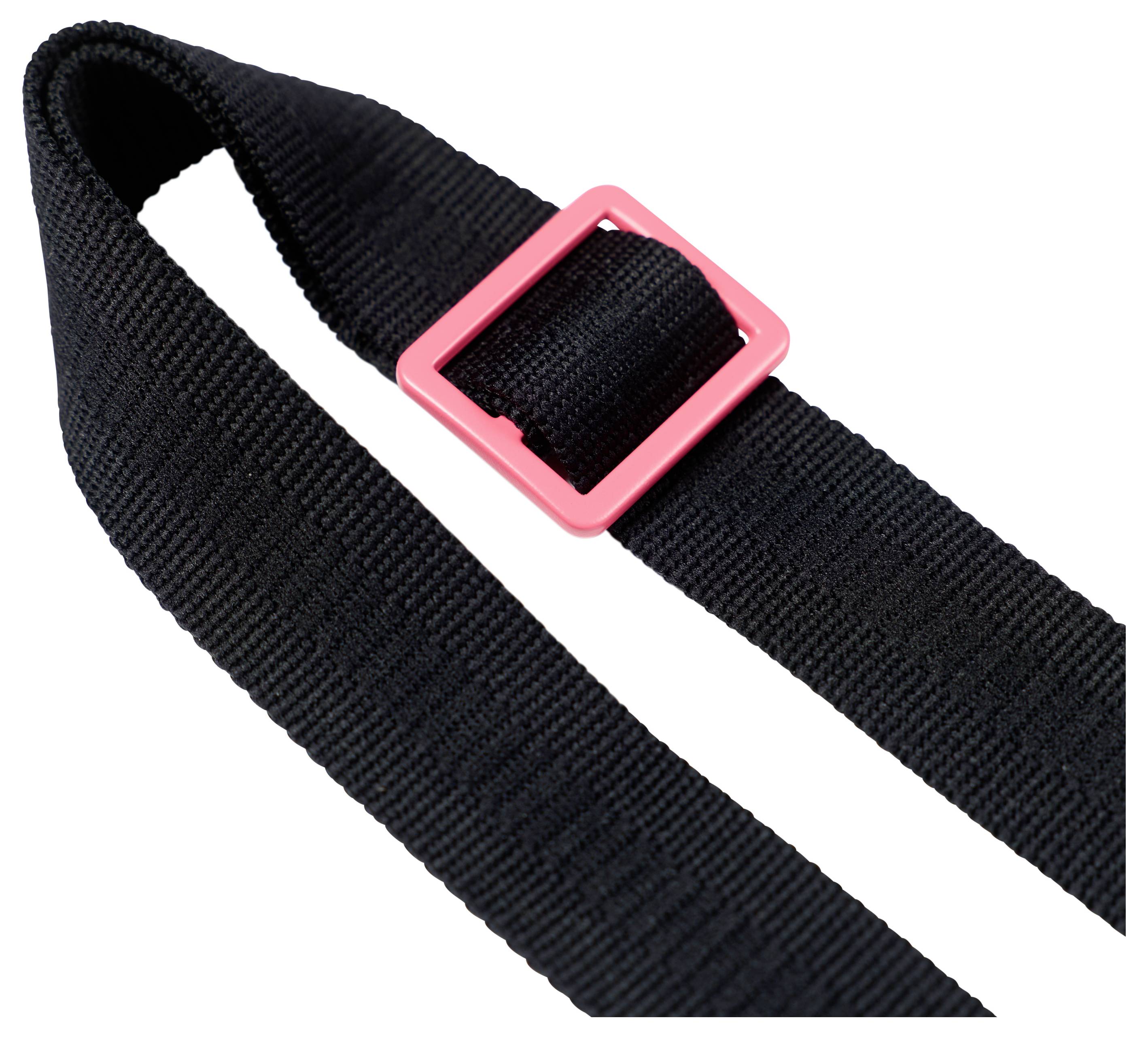 Schwarzes Webband mit einer rosa rechteckigen Schnalle auf weißem Hintergrund.