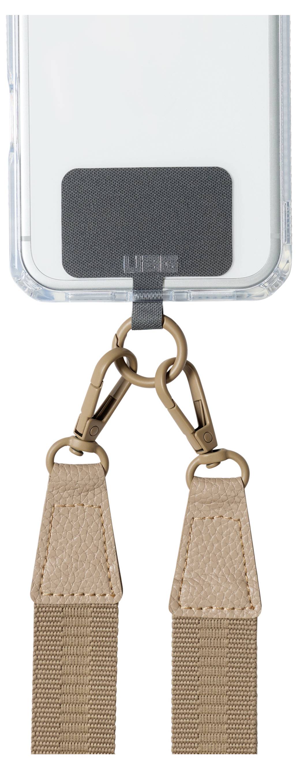 Telefon in durchsichtigem Etui mit beigem Riemen, der durch eine Verankerung am unteren Ende geführt ist, befestigt an zwei hellbraunen Stoff- und Lederstrapsen oder Umhängeketten.