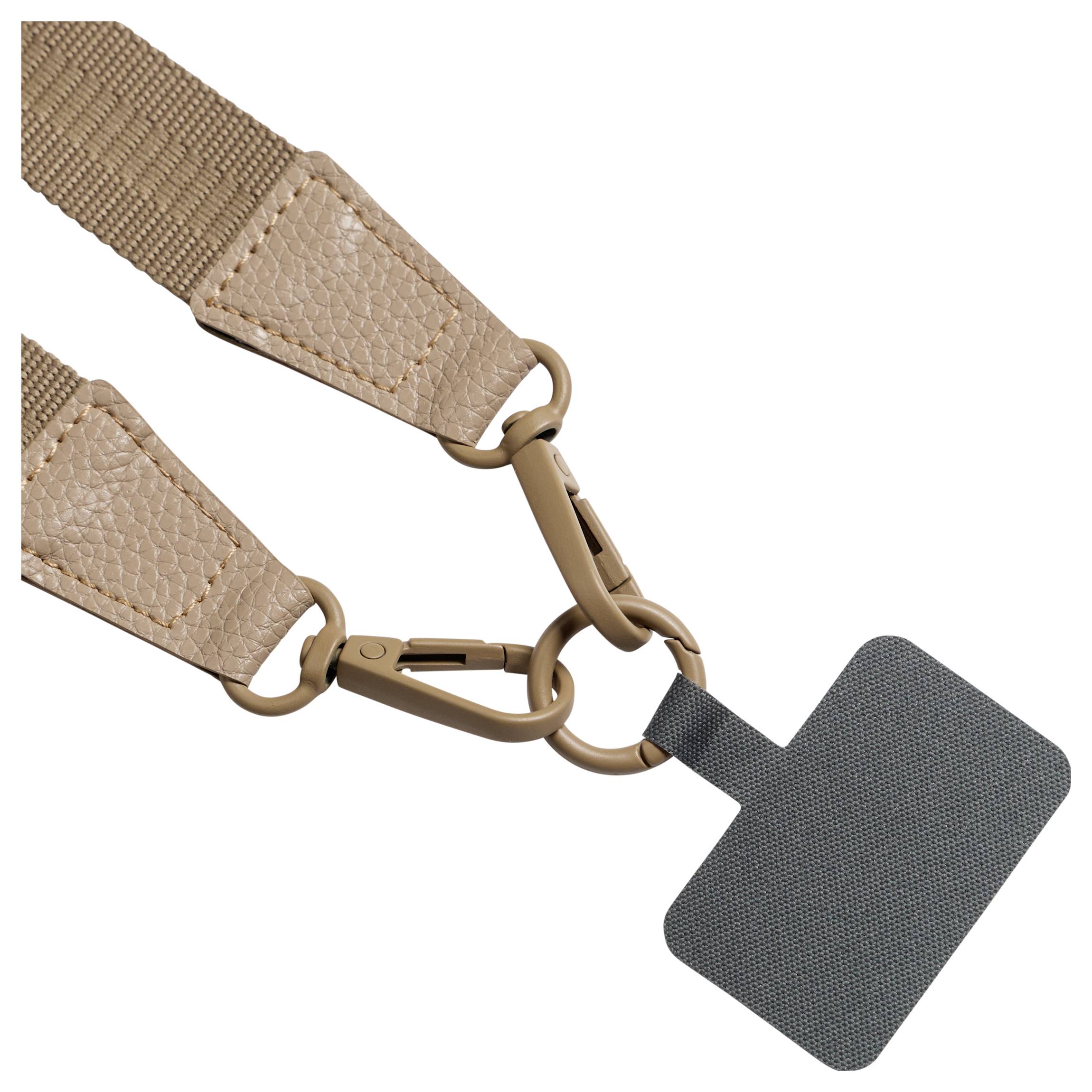 Zwei beige gewebte Riemen mit ledähnlichen Enden verbinden sich über Metallverschlüsse mit einem kleinen dunkelgrauen quadratischen Etikett oder Beutel.