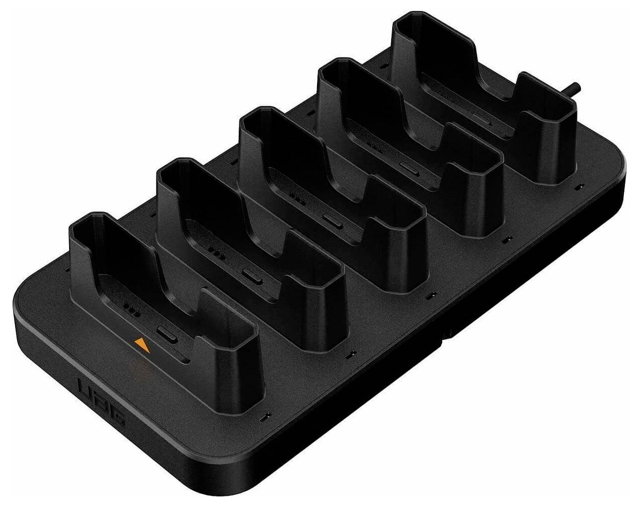 Schwarze Multi-Bay-Ladestation mit sechs Steckplätzen für tragbare Geräte oder Batterien auf weißem Hintergrund.