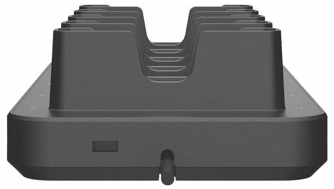 Schwarzes Dock oder Organizer mit mehreren U-förmigen Schlitzen zum aufrechten Halten mehrerer Gegenstände auf einer rechteckigen Basis.