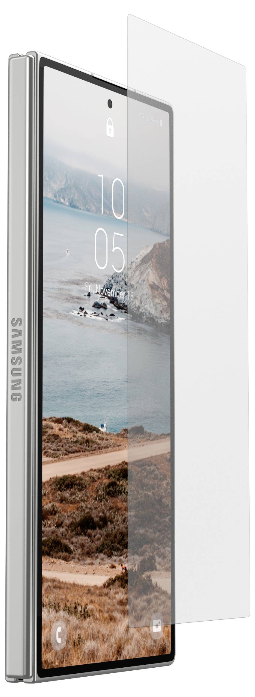 Samsung-Smartphone in Seitenansicht mit einer transparenten Schutzfolie, auf dem Bildschirm eine Küstenlandschafts-Hintergrund angezeigt.