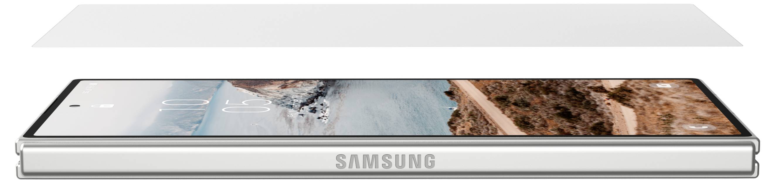 Seitenansicht eines silbernen Samsung-Smartphones, das flach liegt und eine Strand-Tapete auf dem Bildschirm zeigt.