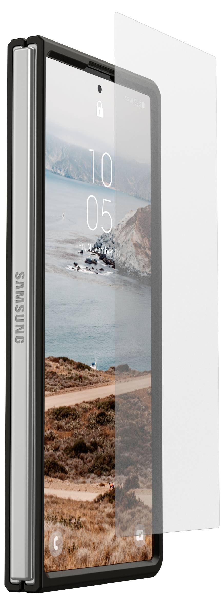 Samsung-Smartphone von der Seite gezeigt mit einer transparenten Schutzhülle und Bildschirm, auf dem eine Küstenlandschafts-Hintergrund und die Uhrzeit 10:05 angezeigt werden.