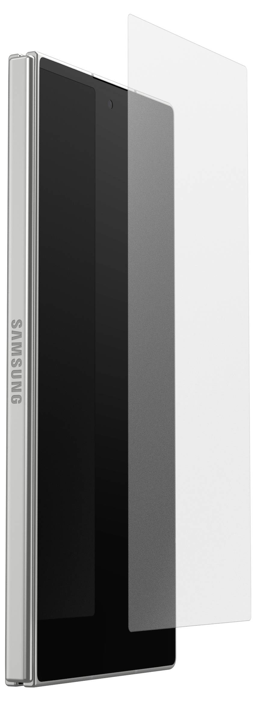 Seitenansicht eines Samsung-Smartphones mit schlankem Metallrahmen und reflektierendem schwarzem Display, mit einer durchsichtigen Schutzhülle, die über den Bildschirm hinausragt.