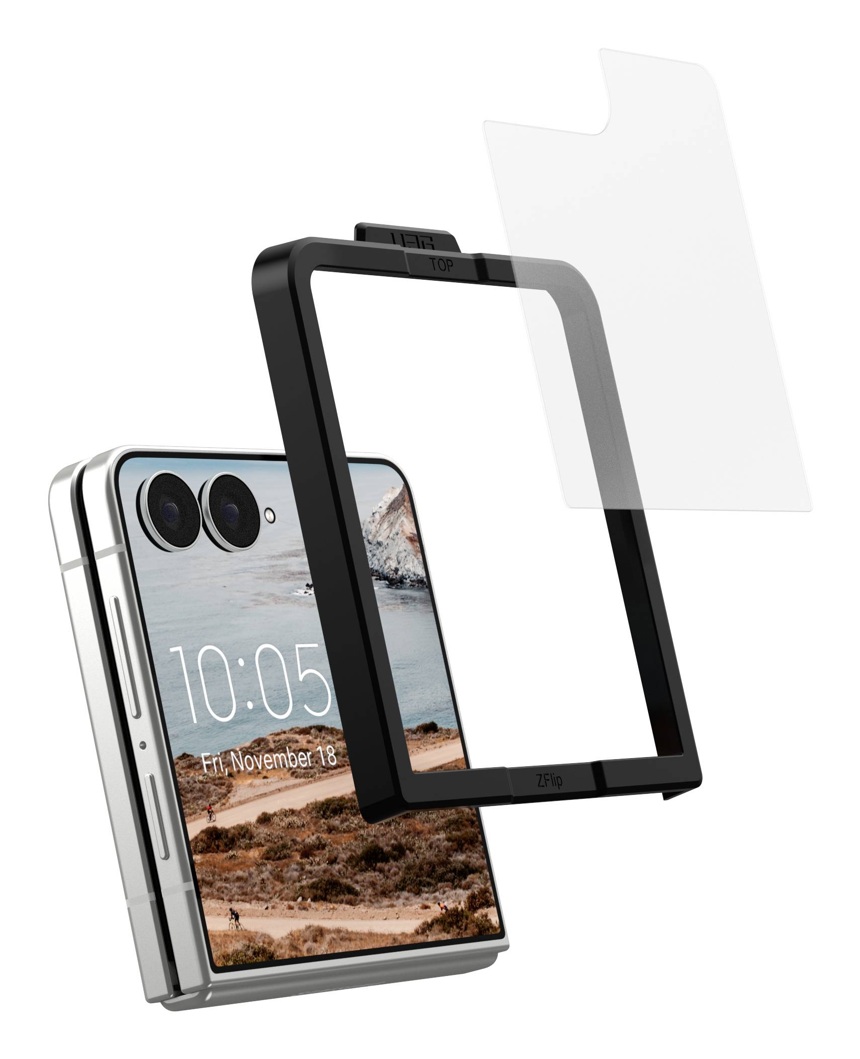 Ein Smartphone mit einem großen aufsteckbaren Displayschutz, dargestellt in einer Explosionszeichnung mit dem Telefon und separatem schwarzem Rahmen.