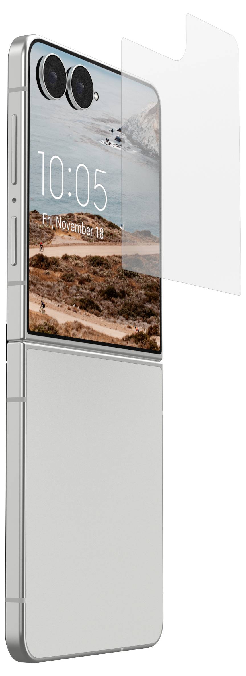 Faltbares Smartphone, halb geöffnet, mit großem innerem Bildschirm und einer durchsichtigen Schutzfolie oder Schutzhülle, die sich über das Display erstreckt.