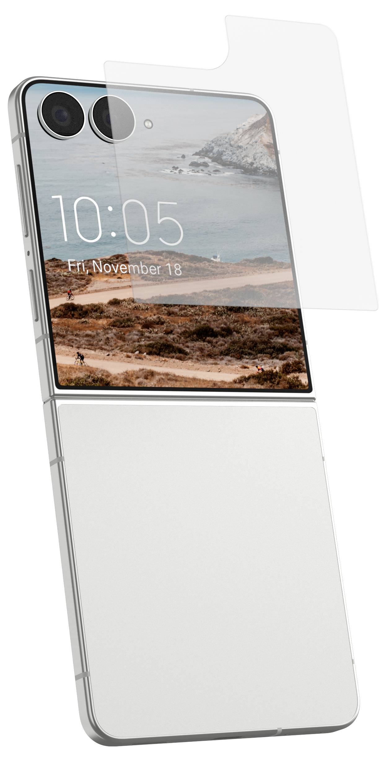 Faltbares Smartphone, halb geöffnet, mit Küsten-Hintergrundbild, große 10:05-Uhrzeit auf dem Sperrbildschirm und transparente Schutzfolie für den Bildschirm.