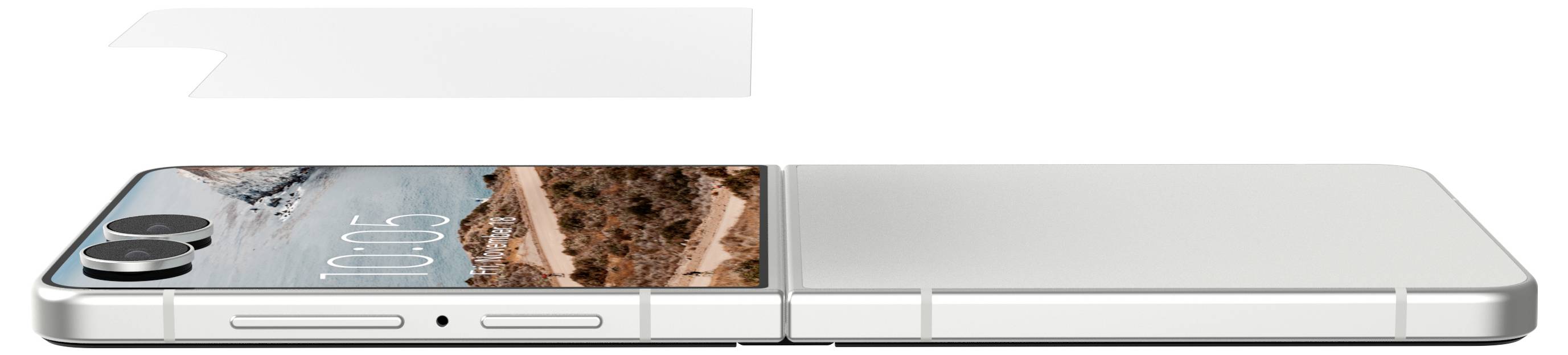 Seitenansicht eines faltbaren Smartphones, teilweise geöffnet mit sichtbarem Bildschirm und hinterer Kamera.