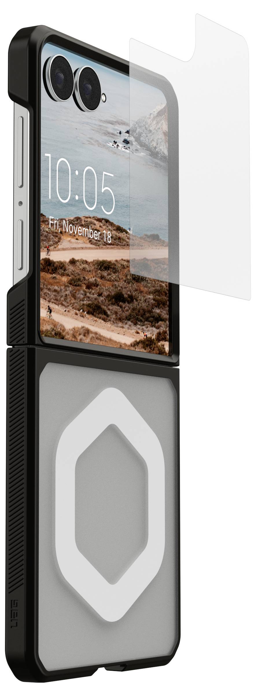 Schwarze robuste Smartphone-Schutzhülle mit transparenter Vorderseite und großem grau-weißem MagSafe-ähnlichem Ring auf der Rückseite.