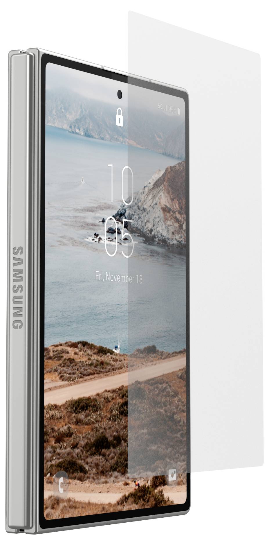 Samsung-Smartphone mit Faltbildschirm, teilweise geöffnet mit Strandtapete und Sperrbildschirm mit der Uhrzeit 10:05, neben einer dünnen transparenten Schutzbildschirmfolie.