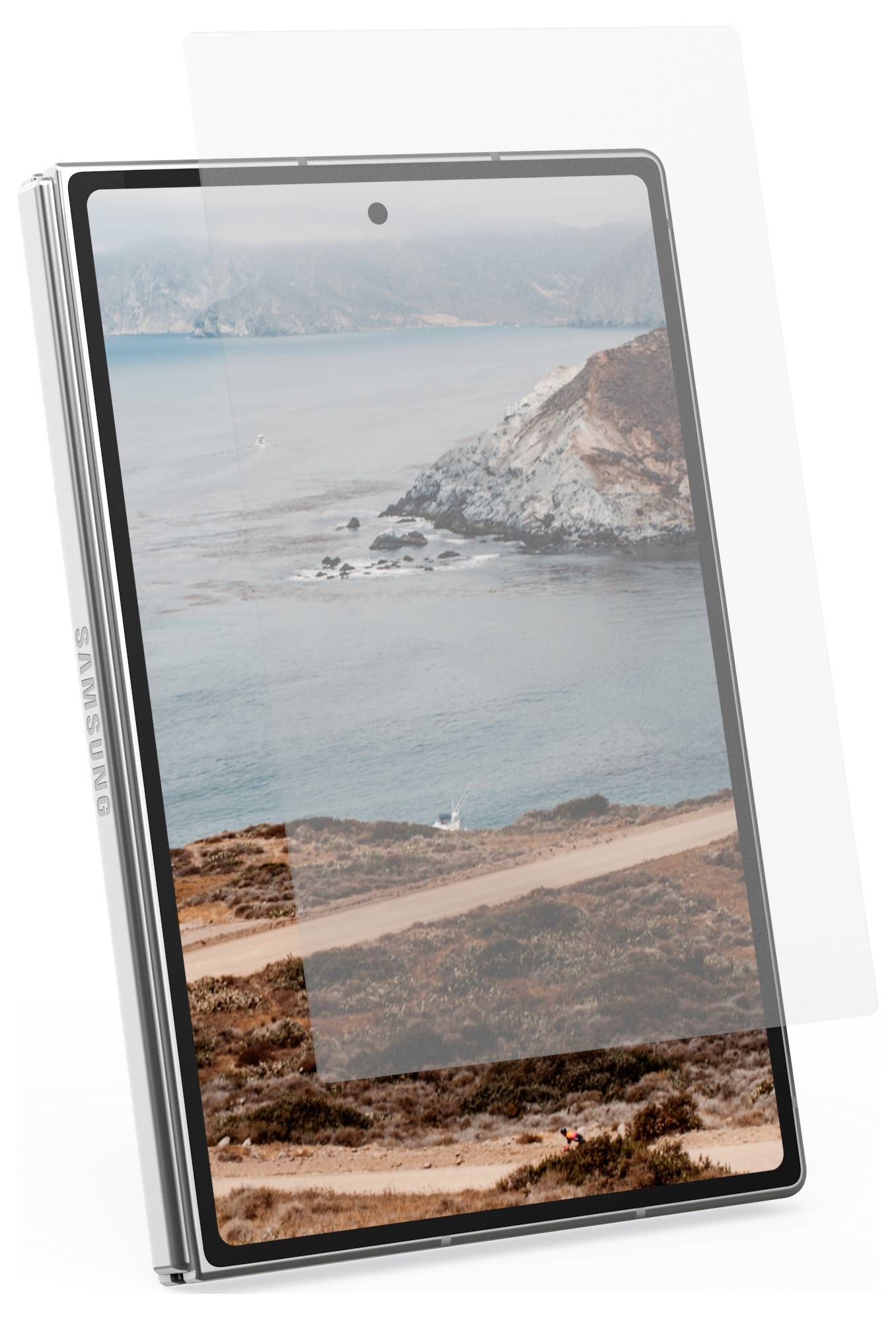 Smartphone-Frontansicht mit Landschaftsfoto einer Küstenlandschaft, das Meer, felsige Küstenlinie und eine gewundene Feldweg zeigt.