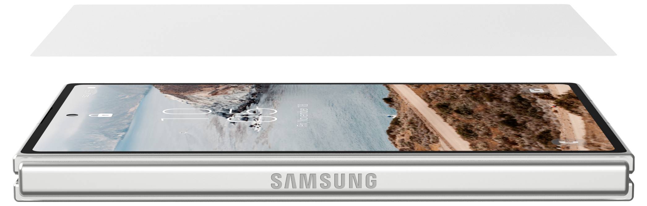 Faltbares Samsung-Telefon, teilweise geöffnet, zeigt ein Strand-Hintergrundbild auf dem Bildschirm und das Samsung-Logo am Scharnier.