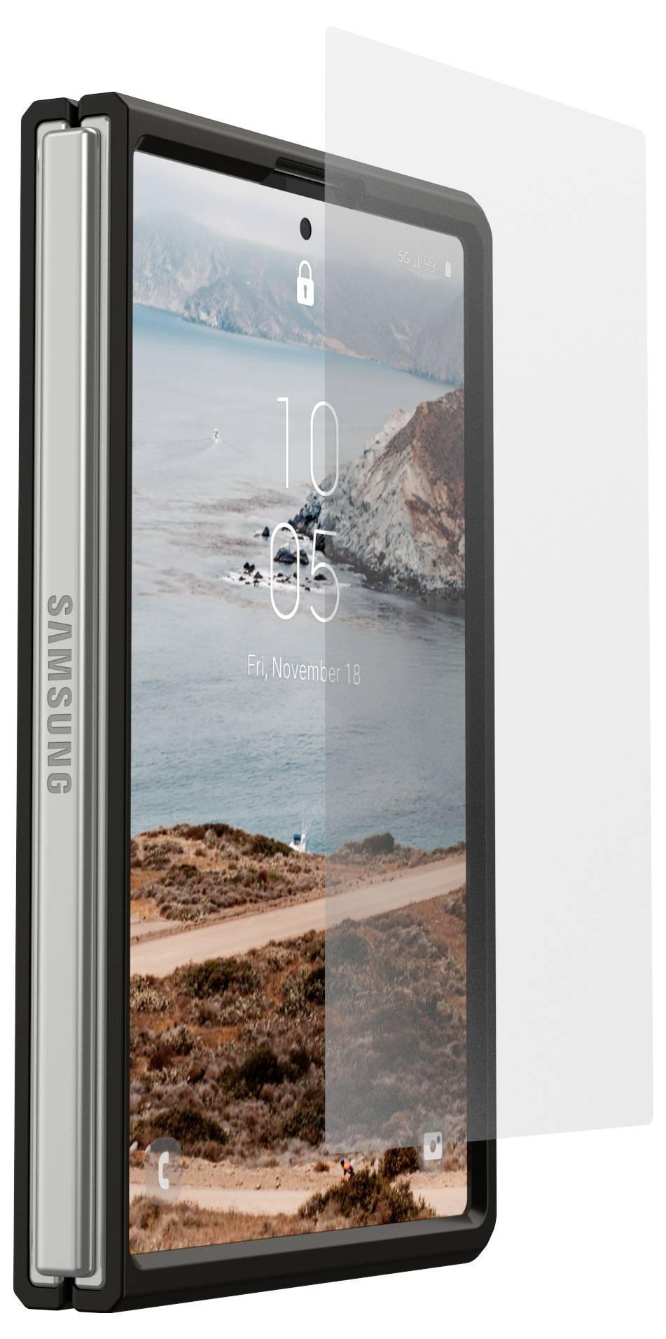 Samsung-Faltsmartphone teilweise offen mit Sperrbildschirm, auf dem 10:35 und Fri, November 15 über einem Küstenlandschafts-Hintergrundbild angezeigt werden.