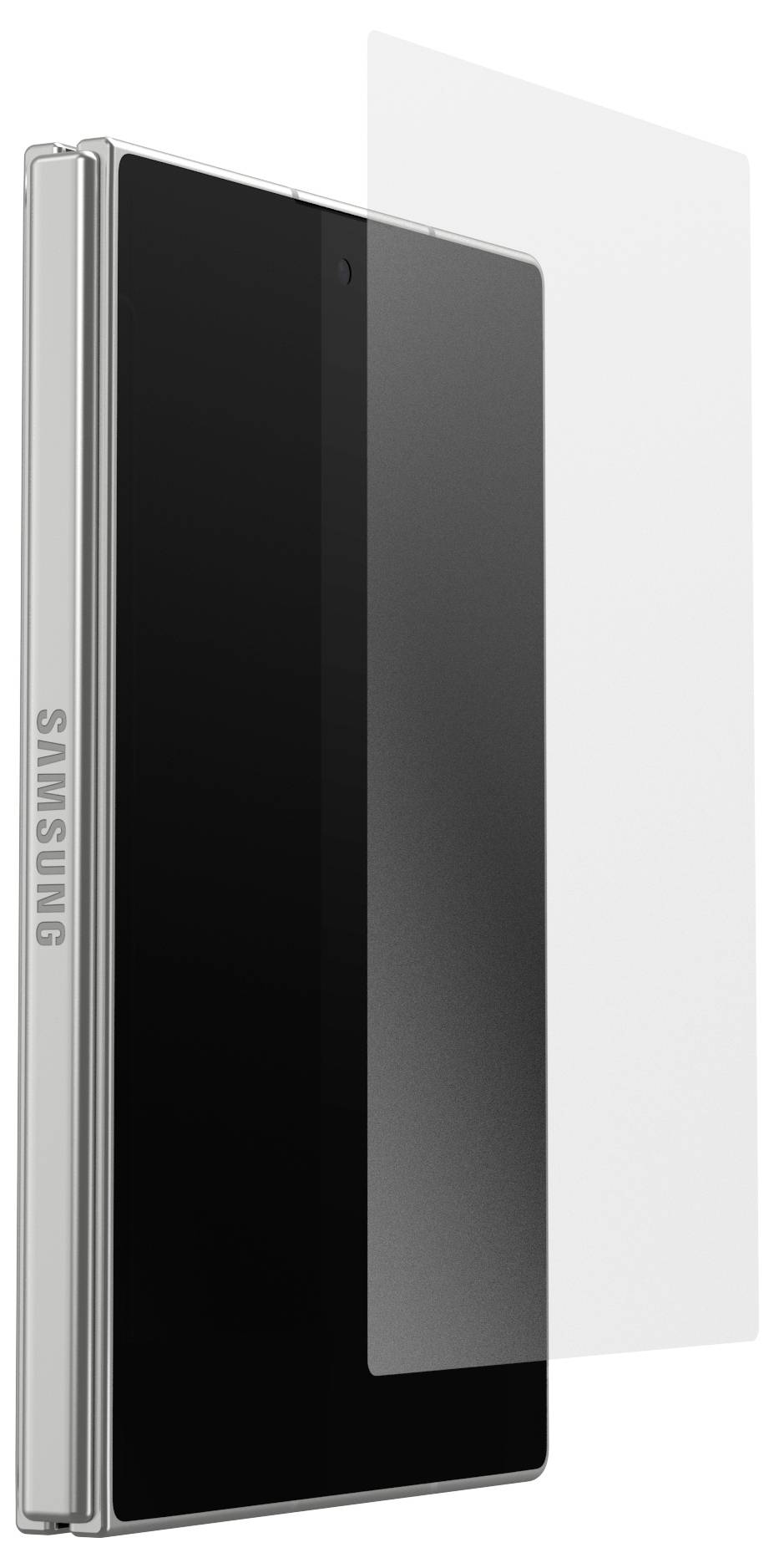 Seitenansicht eines schlanken Samsung-Faltsmartphones, teilweise offen mit schwarzem Bildschirm und reflektierendem Außenpanel.