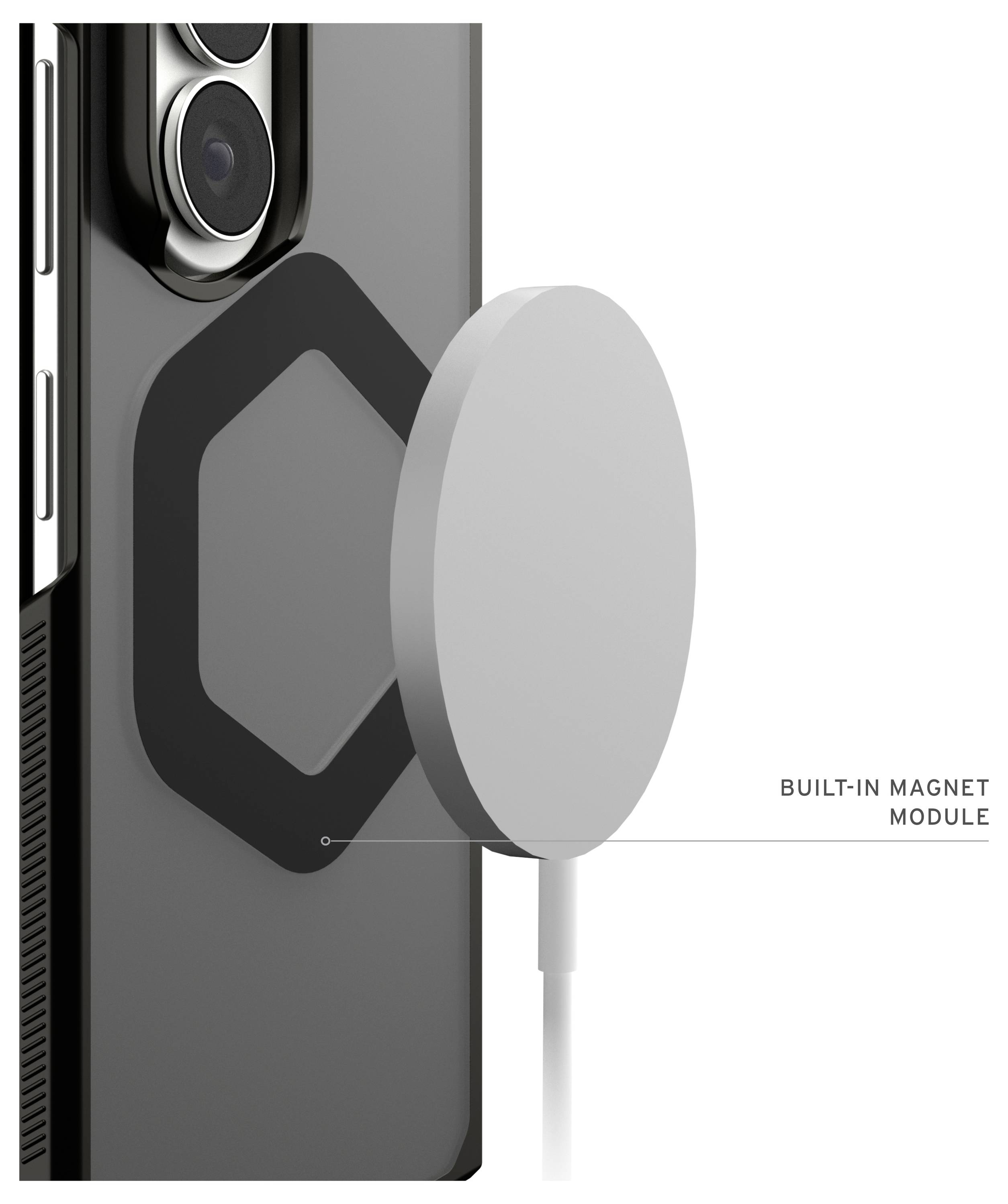 Smartphone-Rückseite mit angebrachtem magnetischem Ladepuck, mit dem Label „BUILT-IN MAGNET MODULE