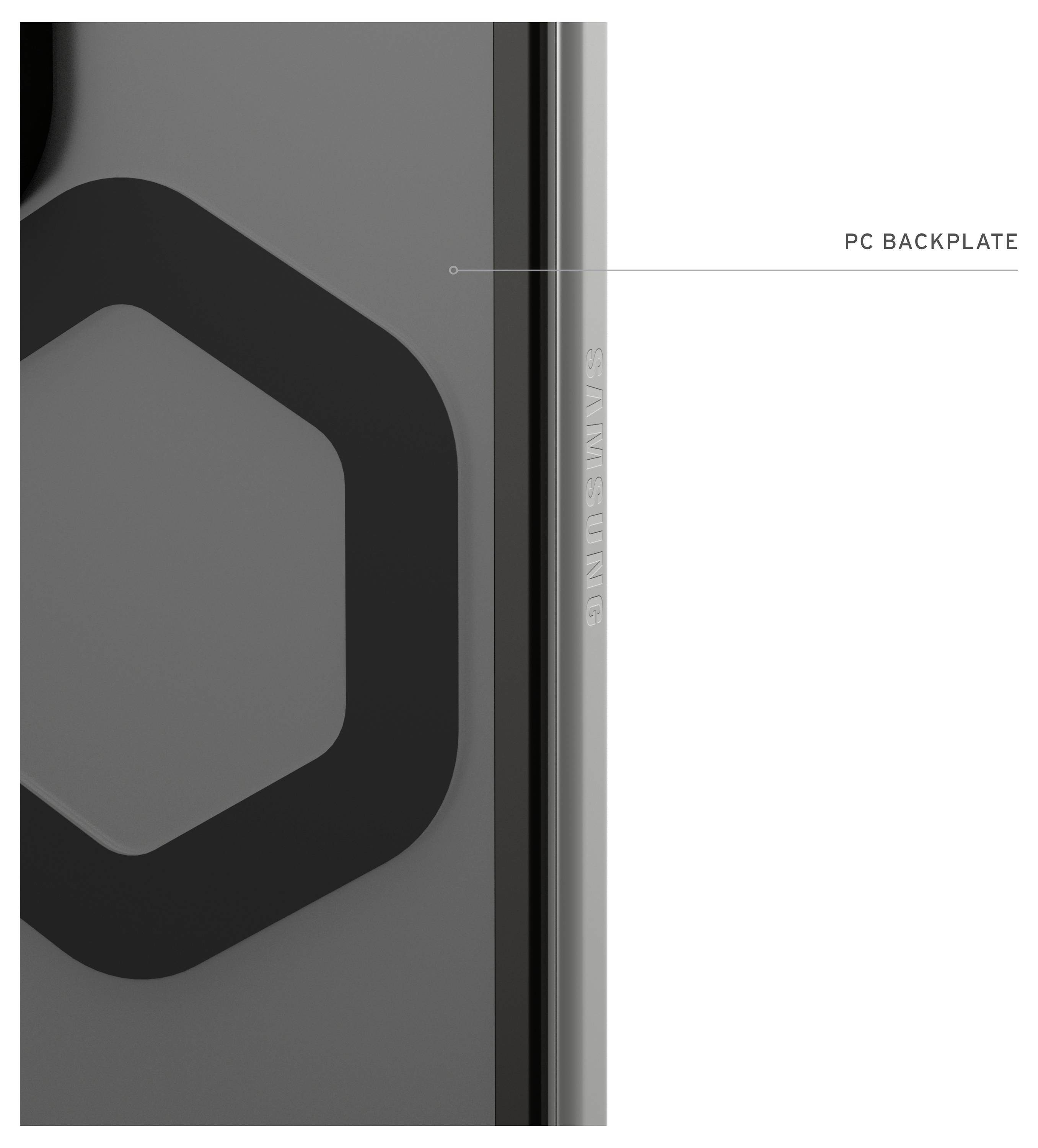 Nahaufnahme einer Samsung-PC-Rückplatte mit dunklem geometrischem Logo und vertikalem 