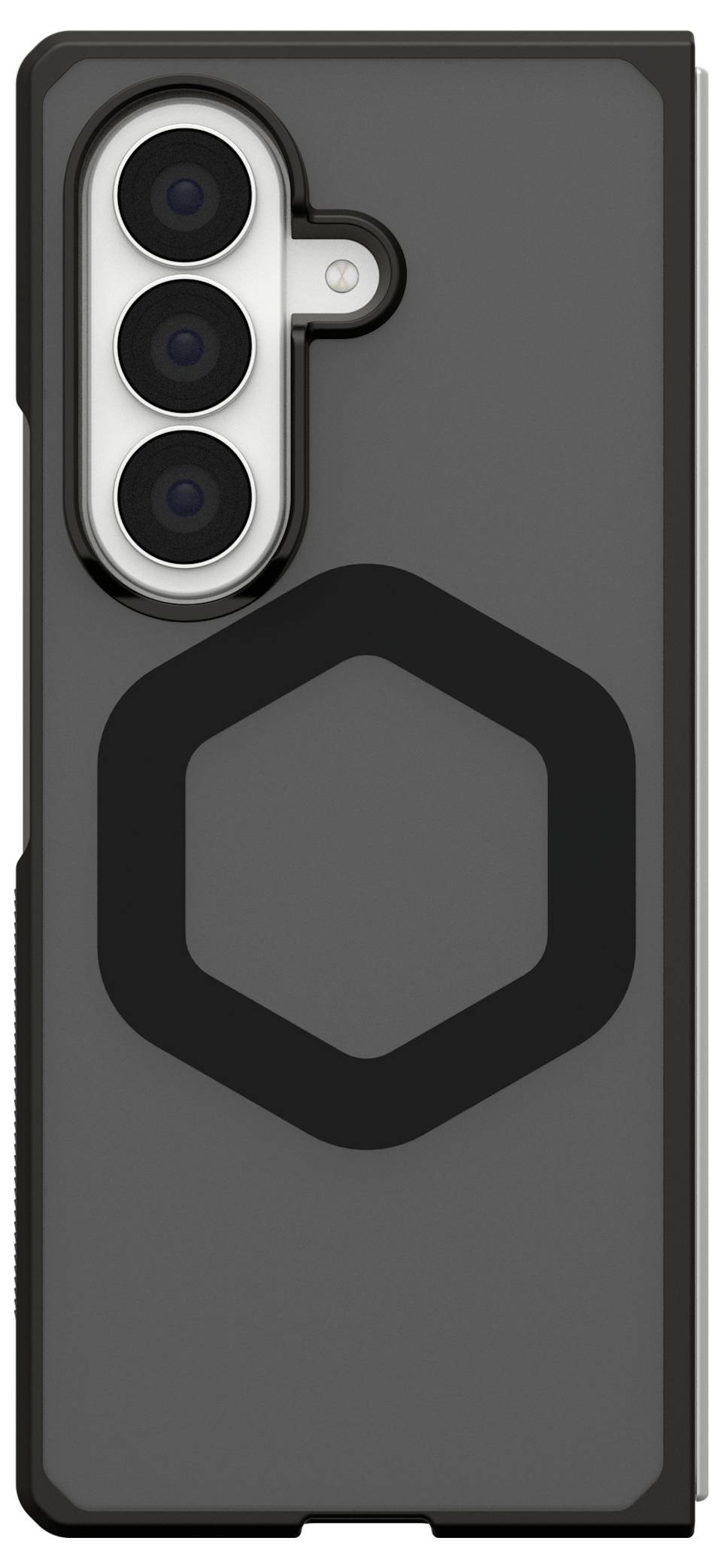 Dunkelgraue Smartphone-Hülle mit großem schwarzem Sechseck-Logo und dreifachem Kameraausschnitt auf der oberen linken Seite.