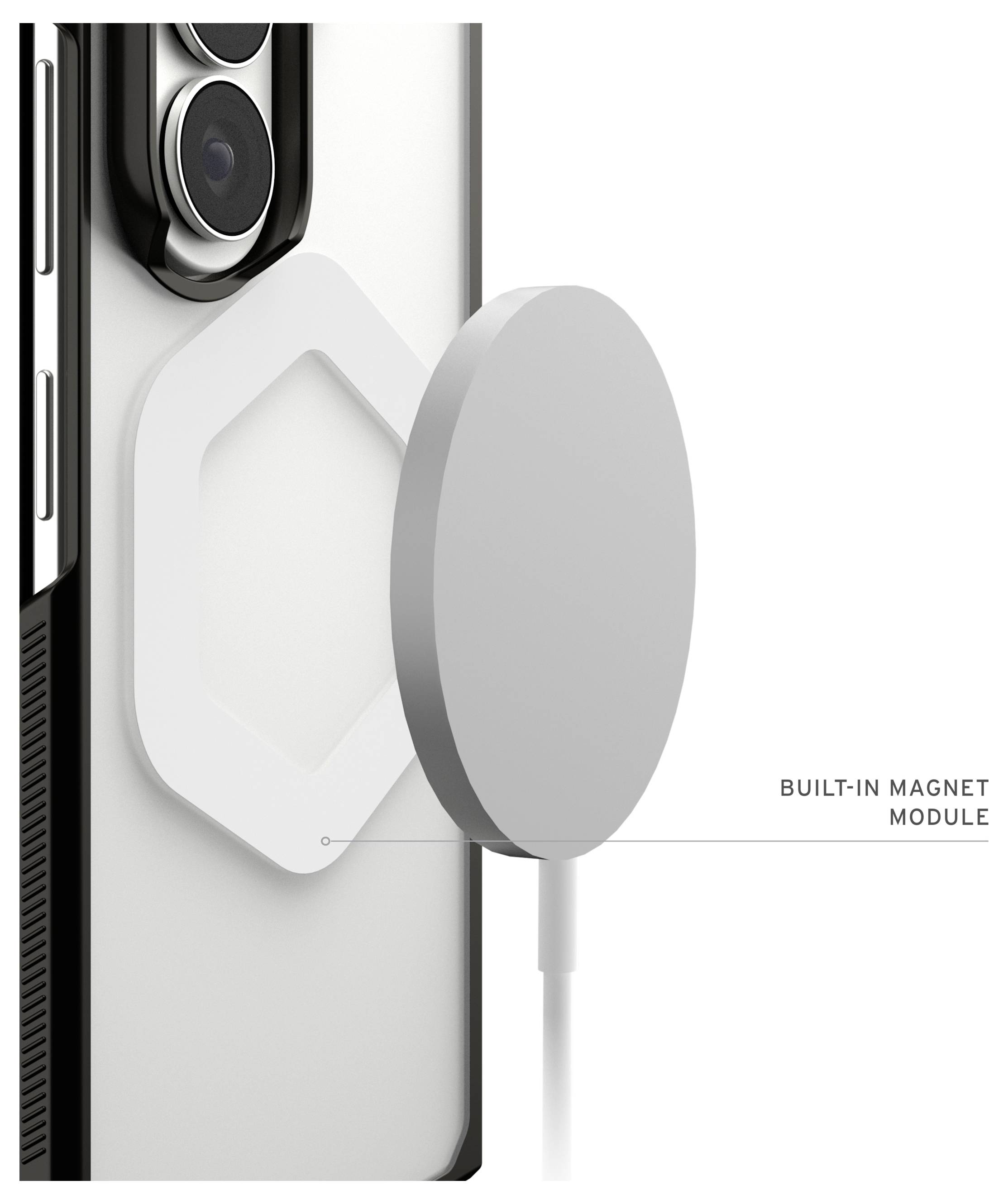 Nahaufnahme eines Telefons mit einem magnetischen Ladepad; Text kennzeichnet es als 
