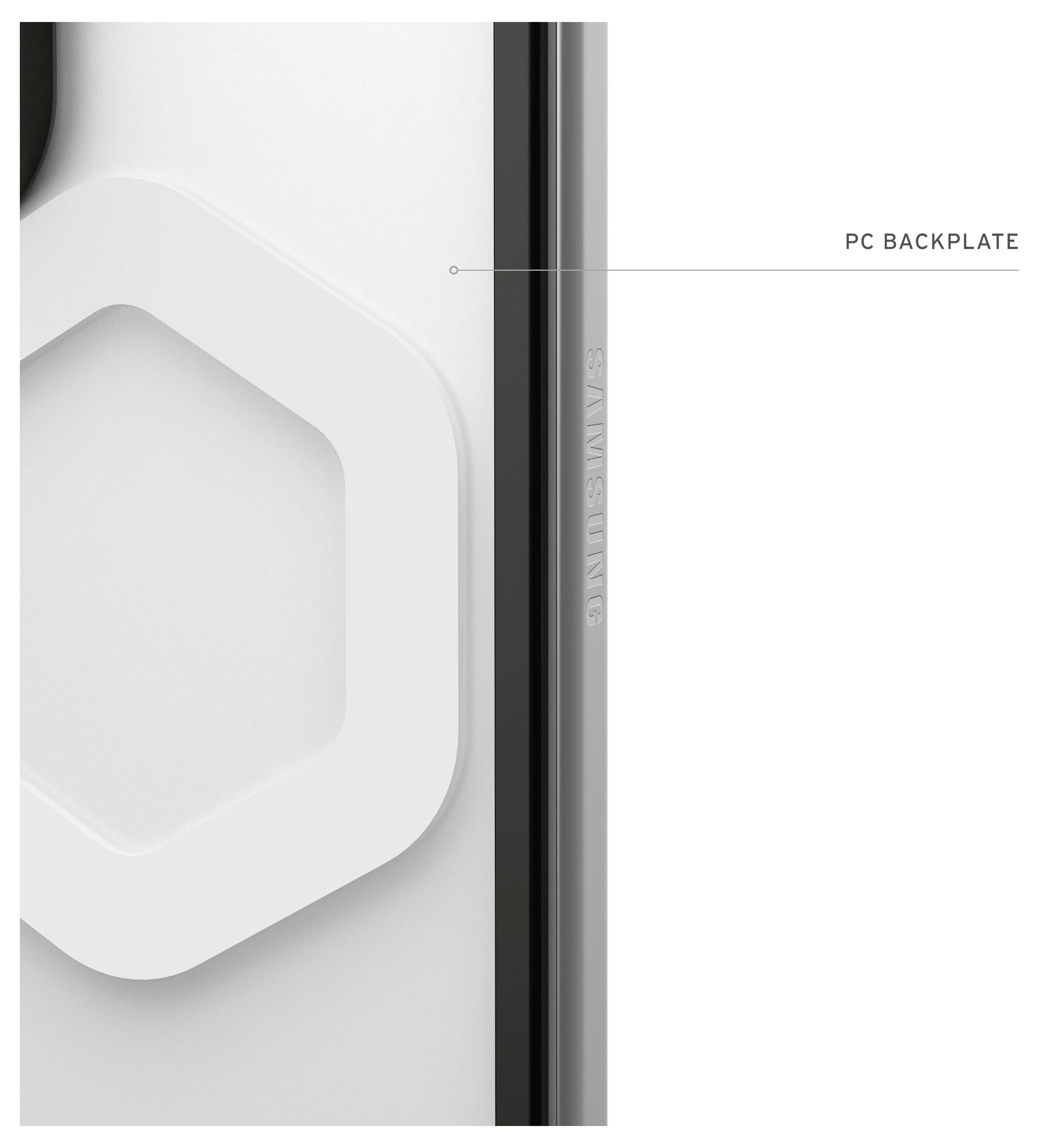 Nahaufnahme einer PC-Blende mit einem weißen sechseckigen Panel neben einem schwarzen vertikalen Streifen mit der Beschriftung Samsung.