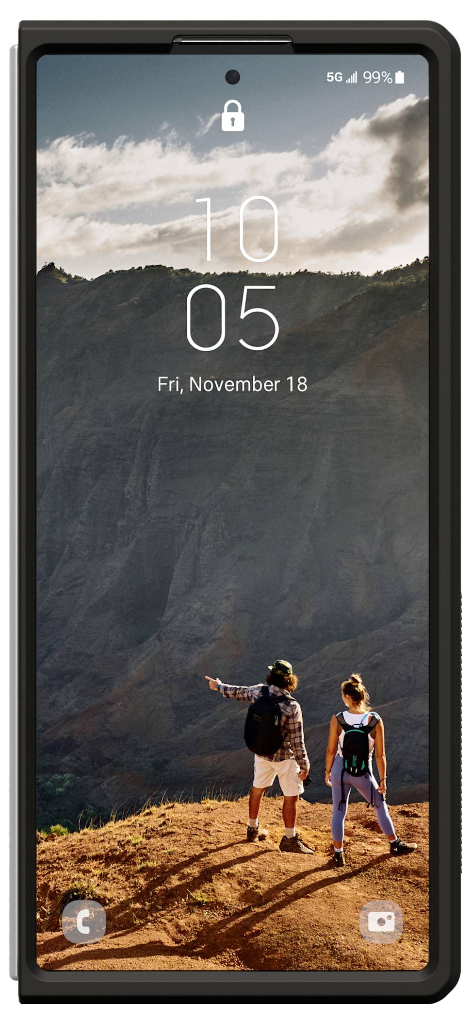 Smartphone-Sperrbildschirm mit Wanderern, die auf ein Bergtal blicken, mit der Uhrzeit 10:05 und dem Datum Fr., 18. November.