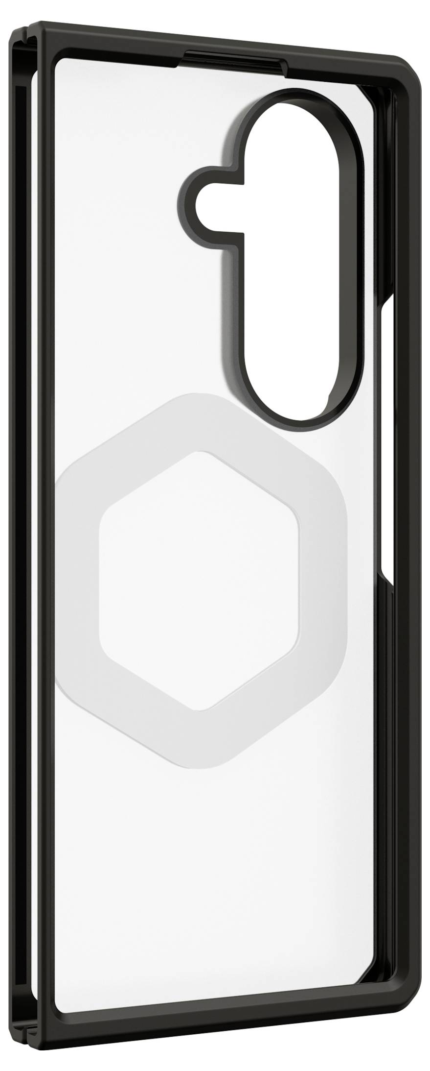 3D-Rendering einer schwarzen Smartphone-Schutzhülle mit großem vertikalem Kameraausschnitt und transparenter Rückseite mit Sechseck-Akzent.