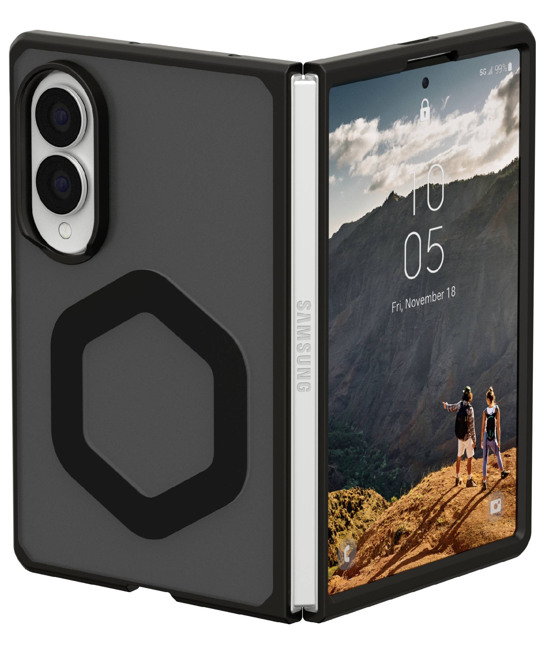Zusammengeklapptes Samsung-Smartphone, das offen angezeigt wird, mit schwarzem Schutzgehäuse und sichtbaren dualen Rückfahrtkameras neben einem Berghöhen-Wanderhintergrundbild auf dem Bildschirm.