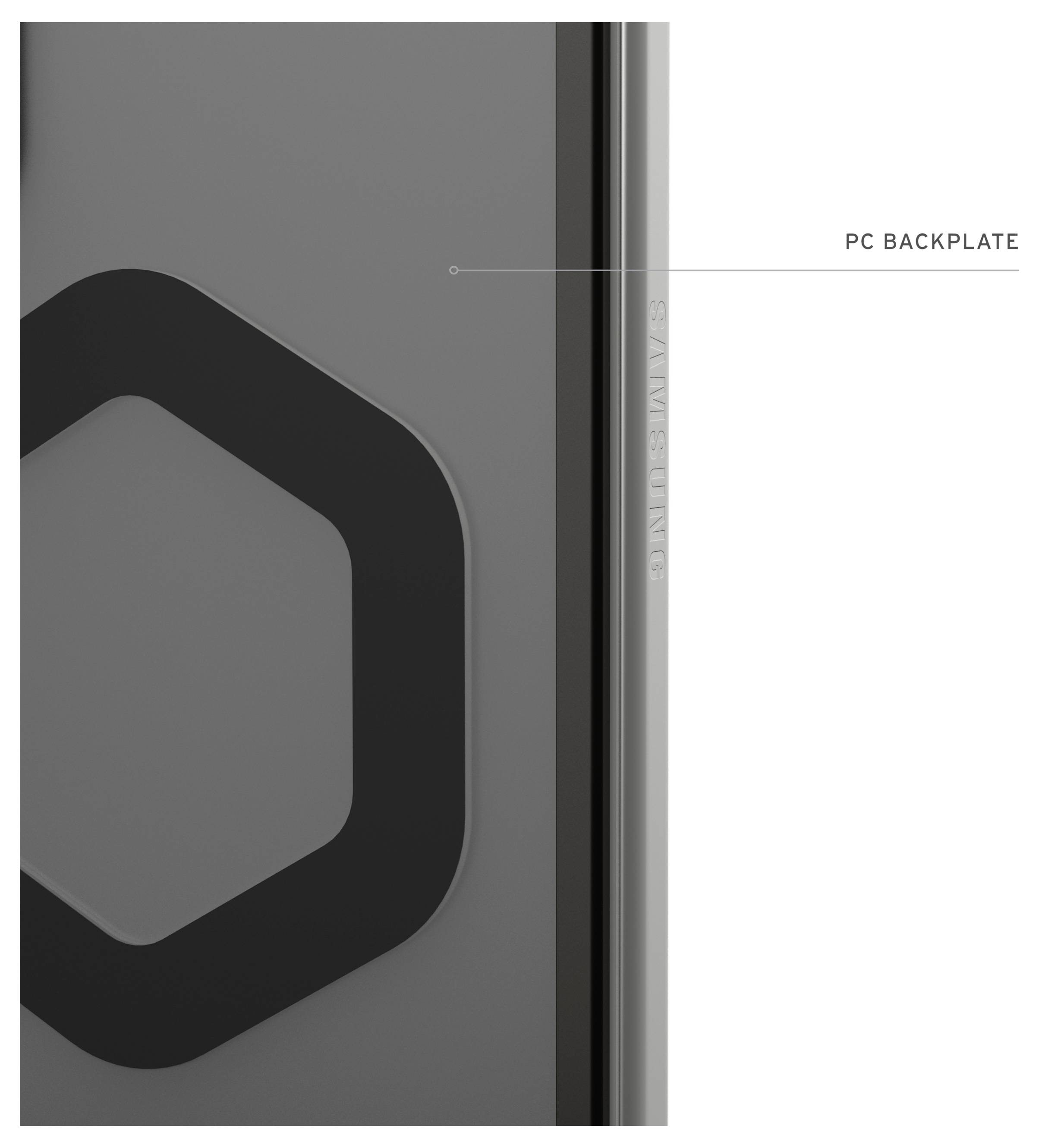 Nahaufnahme einer dunkelgrauen PC-Rückplatte mit hexagonalem Logo und der Aufschrift „PC BACKPLATE
