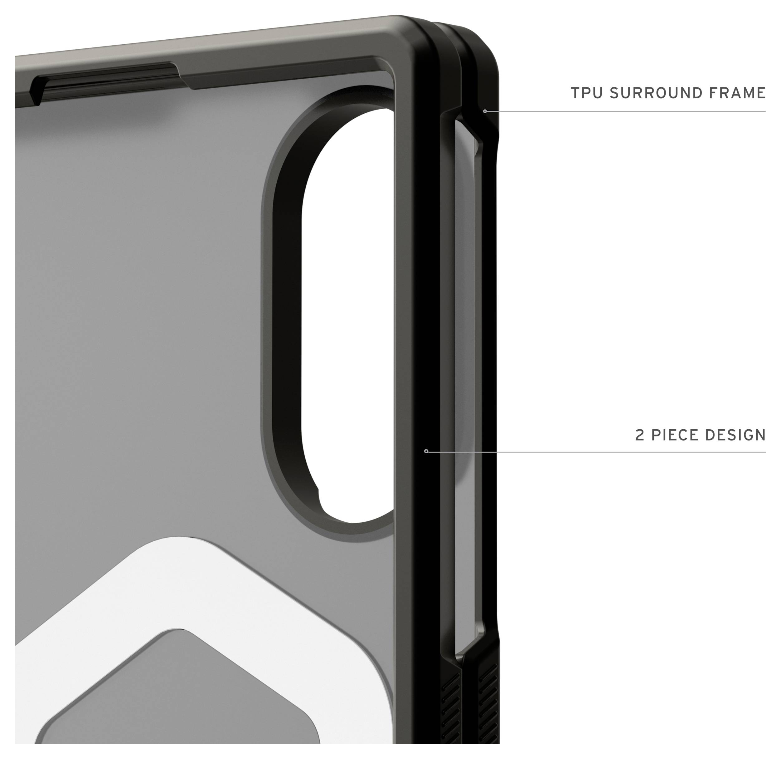 Nahaufnahme einer Smartphone-Hülle zeigt einen TPU-Umrahmen und ein zweiteiliges Design mit großem Kameraausschnitt.