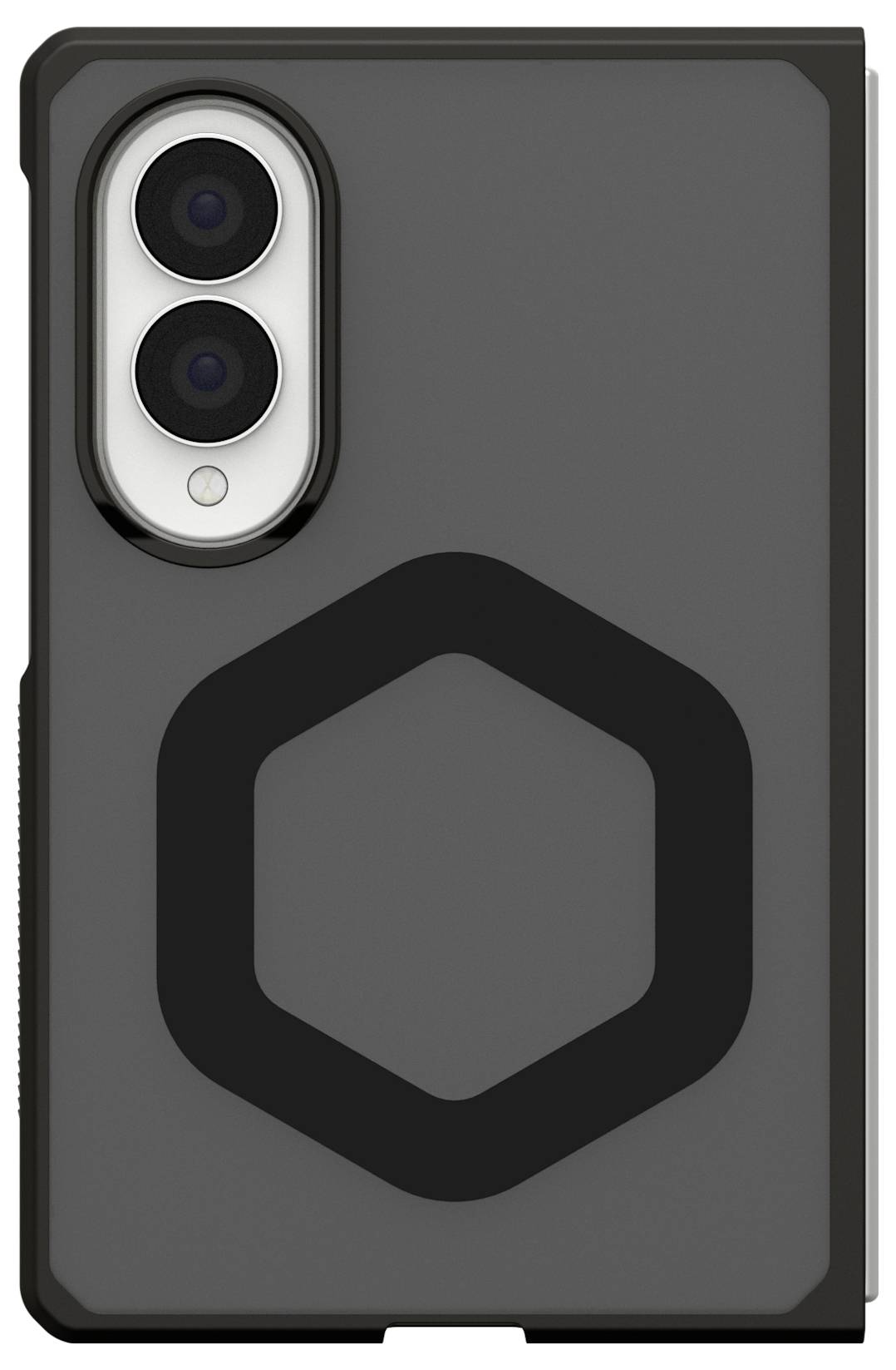 Rückansicht einer grauen Smartphone-Schutzhülle mit einem Dual-Kamera-Ausschnitt und einem großen schwarzen Sechseck-Logo in der Mitte auf der Rückseite.
