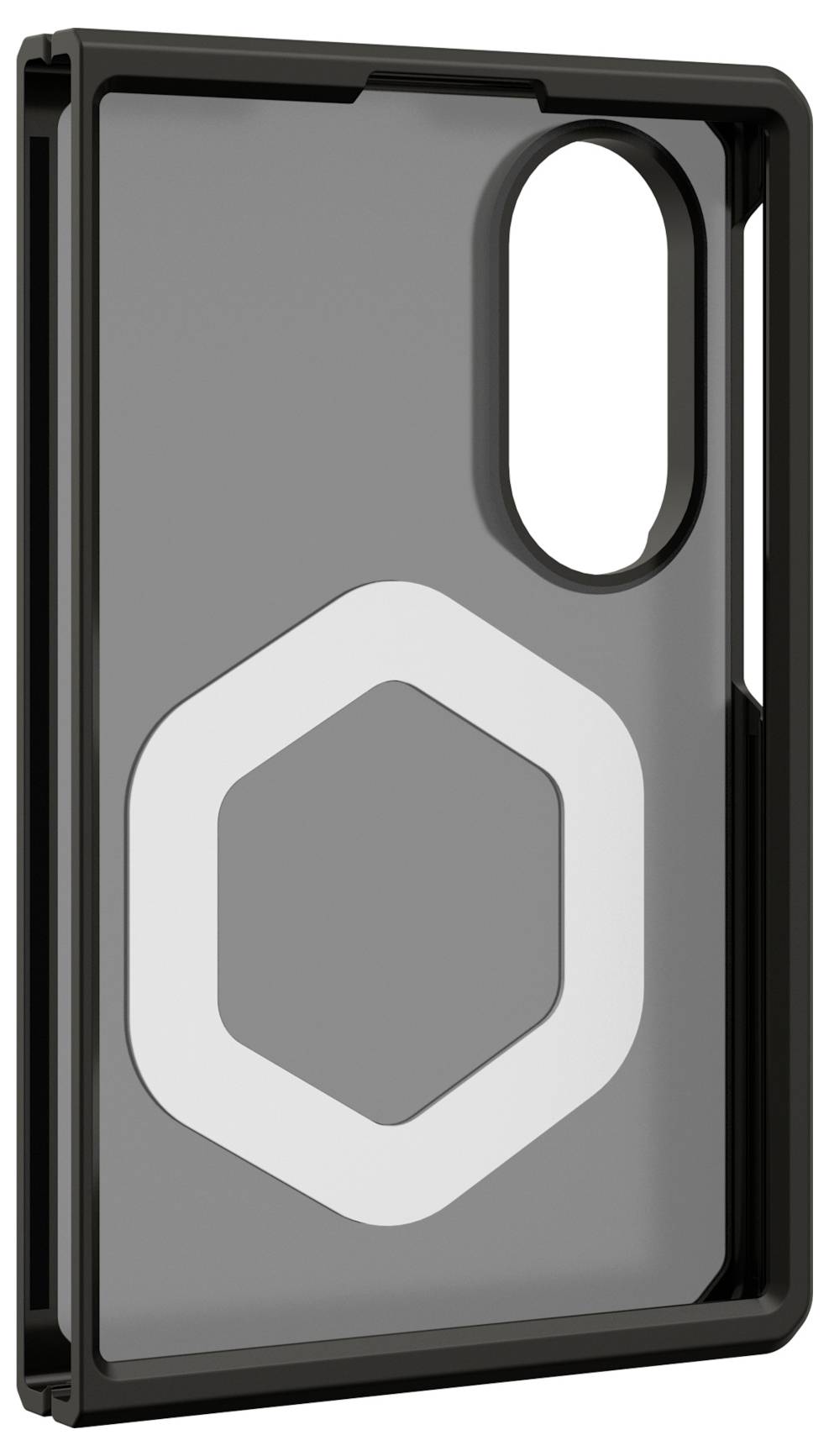 Graue Smartphone-Hülle mit schwarzem Stoßfänger und großem hexagonalem Logo-Ausschnitt, Vorderansicht mit Kameraöffnung.