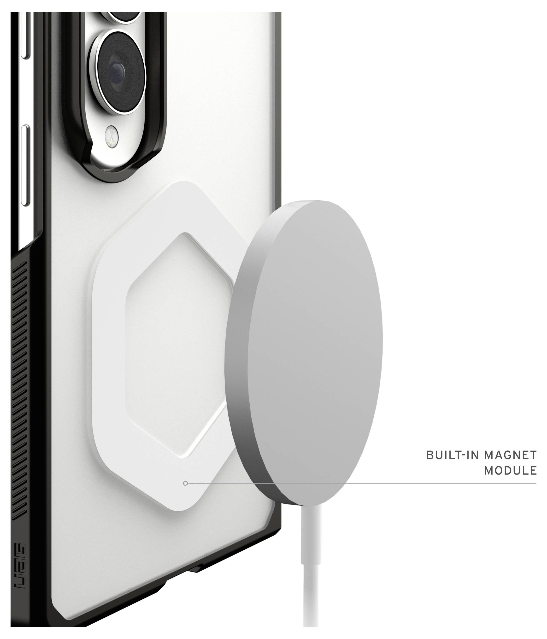 Smartphone-Schutzhülle mit integriertem Magnetmodul, zeigt eine magnetische Ladeschale, die auf der Rückseite des Telefons ausgerichtet ist.