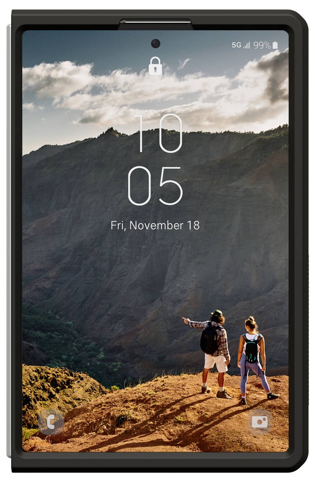 Smartphone-Sperrbildschirm mit einer Bergaussicht bei Sonnenaufgang mit zwei Wanderern auf einem Bergrücken; Uhrzeit 10:05 und Datum Fr., 18. November.