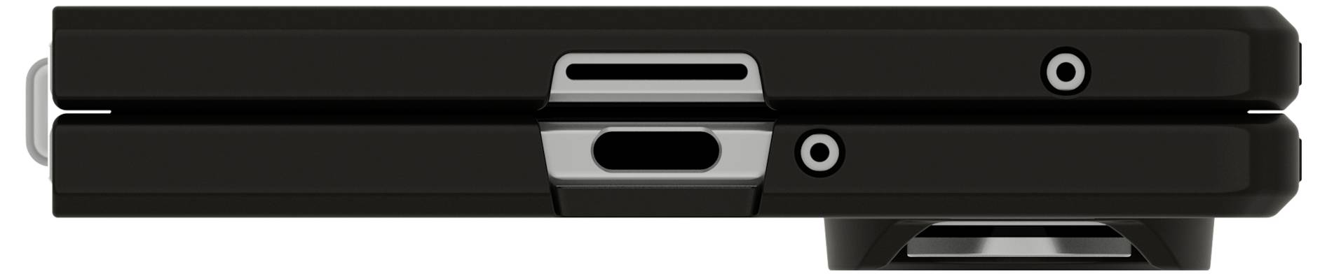 Seitenansicht eines schwarzen elektronischen Geräts mit Scharnier, das geschlossen ist und einen zentralen Riegel sowie einen kleinen kreisförmigen Knopf oder eine Anzeige auf der rechten Seite zeigt.