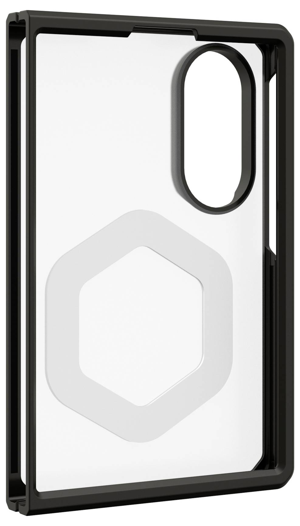 Schwarze Smartphone-Schutzhülle mit durchsichtigem Rücken und erhöhtem Kameraausschnitt, schräg auf weißem Hintergrund angezeigt.