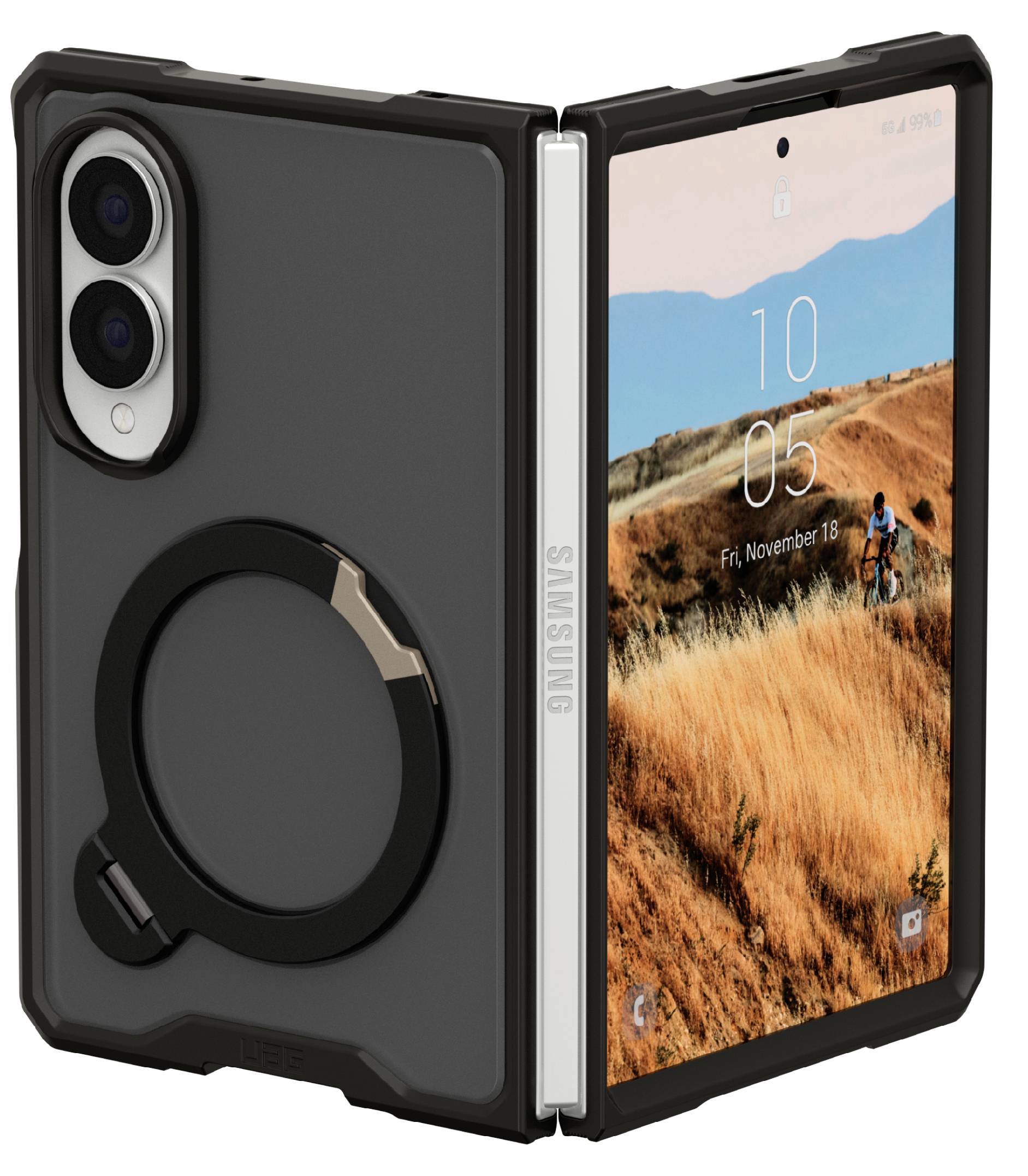 Samsung-Foldhandy in einem schwarzen Gehäuse mit einem runden Ringgriff, teilweise offen gezeigt, wobei der Sperrbildschirm sichtbar ist.