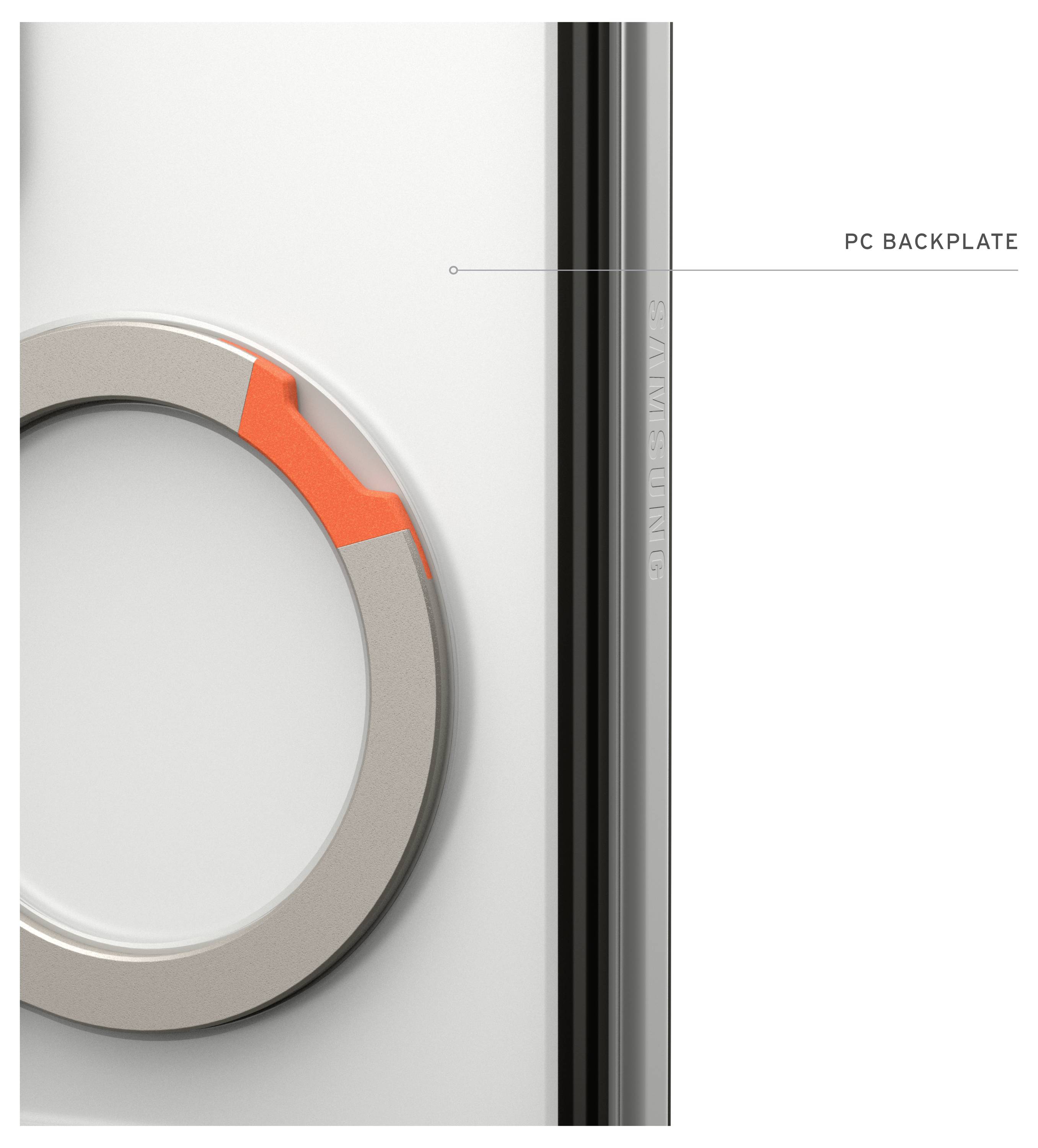 Nahaufnahme eines kreisförmigen Metallrings mit orangefarbiger Akzentuierung neben einer Beschriftung „PC BACKPLATE