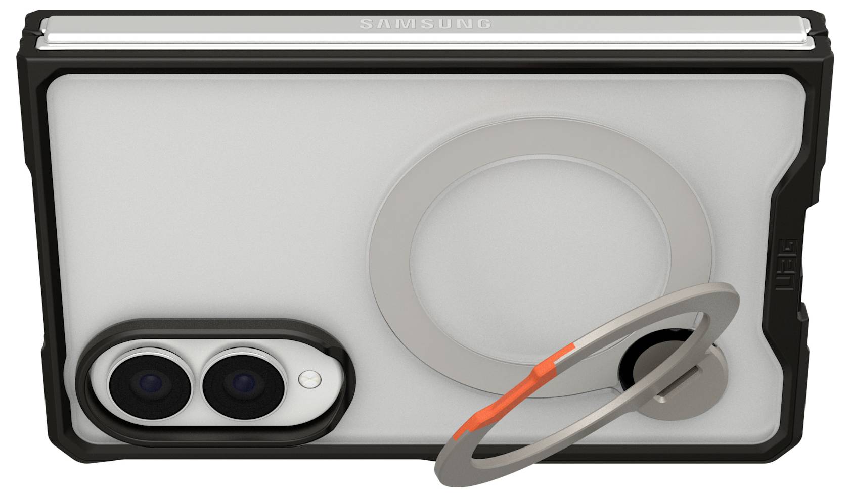 Samsung-Tablet mit einem dualen Rückkamermodul und einem integrierten kreisförmigen Ständer oder Ringzubehör auf der Rückseite.