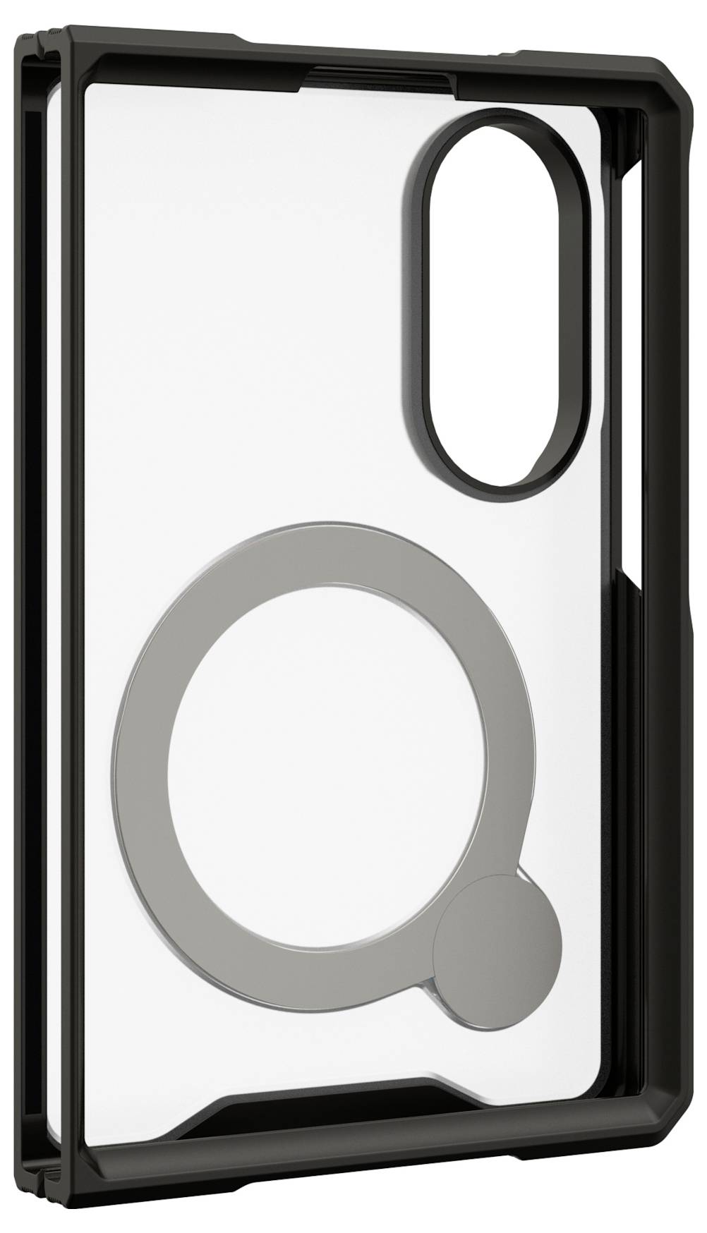Nahaufnahme einer schwarzen Handyhülle oder eines Rahmens mit übergroßen Aussparungen für die Kamera und den Fingerabdrucksensor.