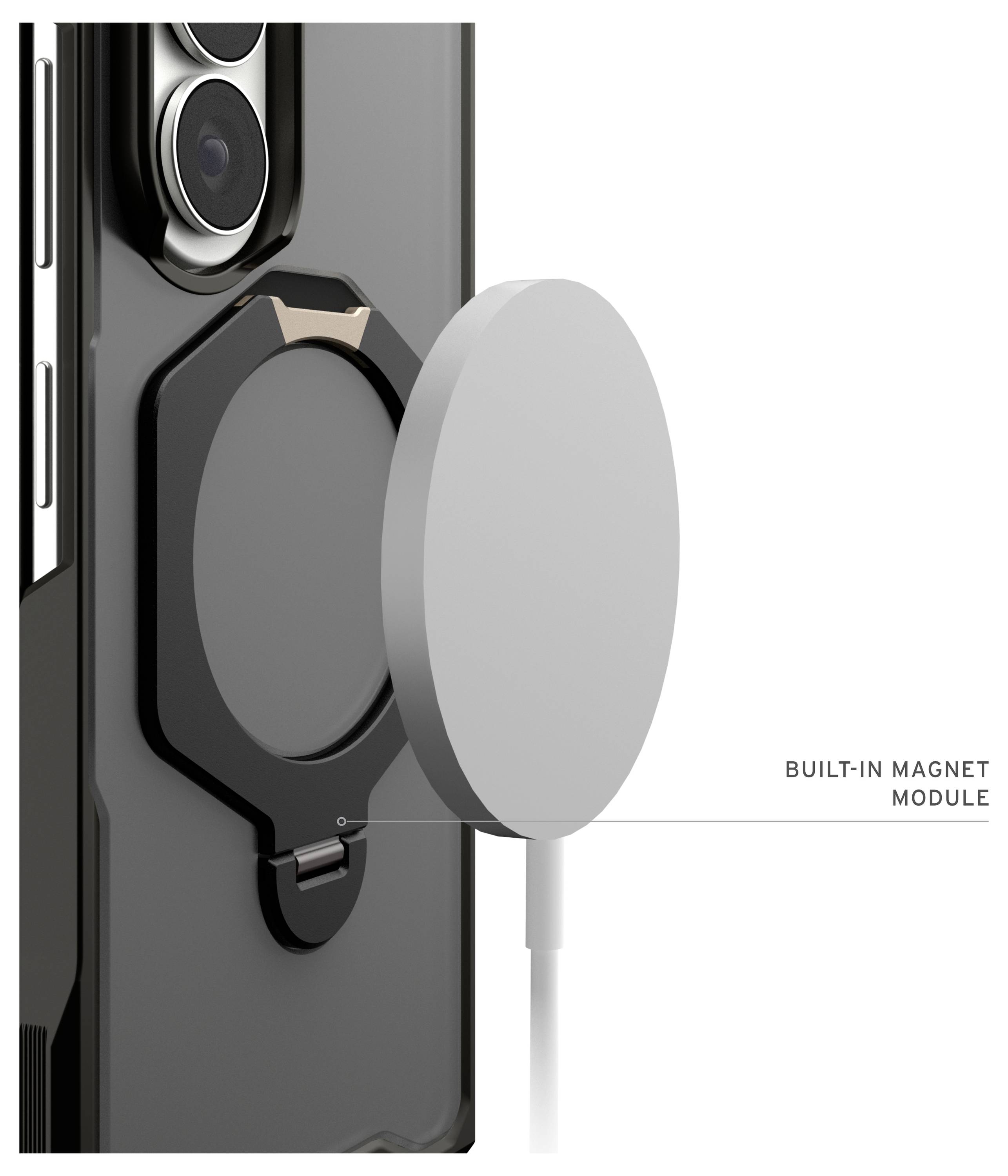 Handyhülle mit integriertem Magnetmodul, das ein kreisförmiges MagSafe-ähnliches Ladegerät auf der Rückseite in der Nähe der Kamera hält.