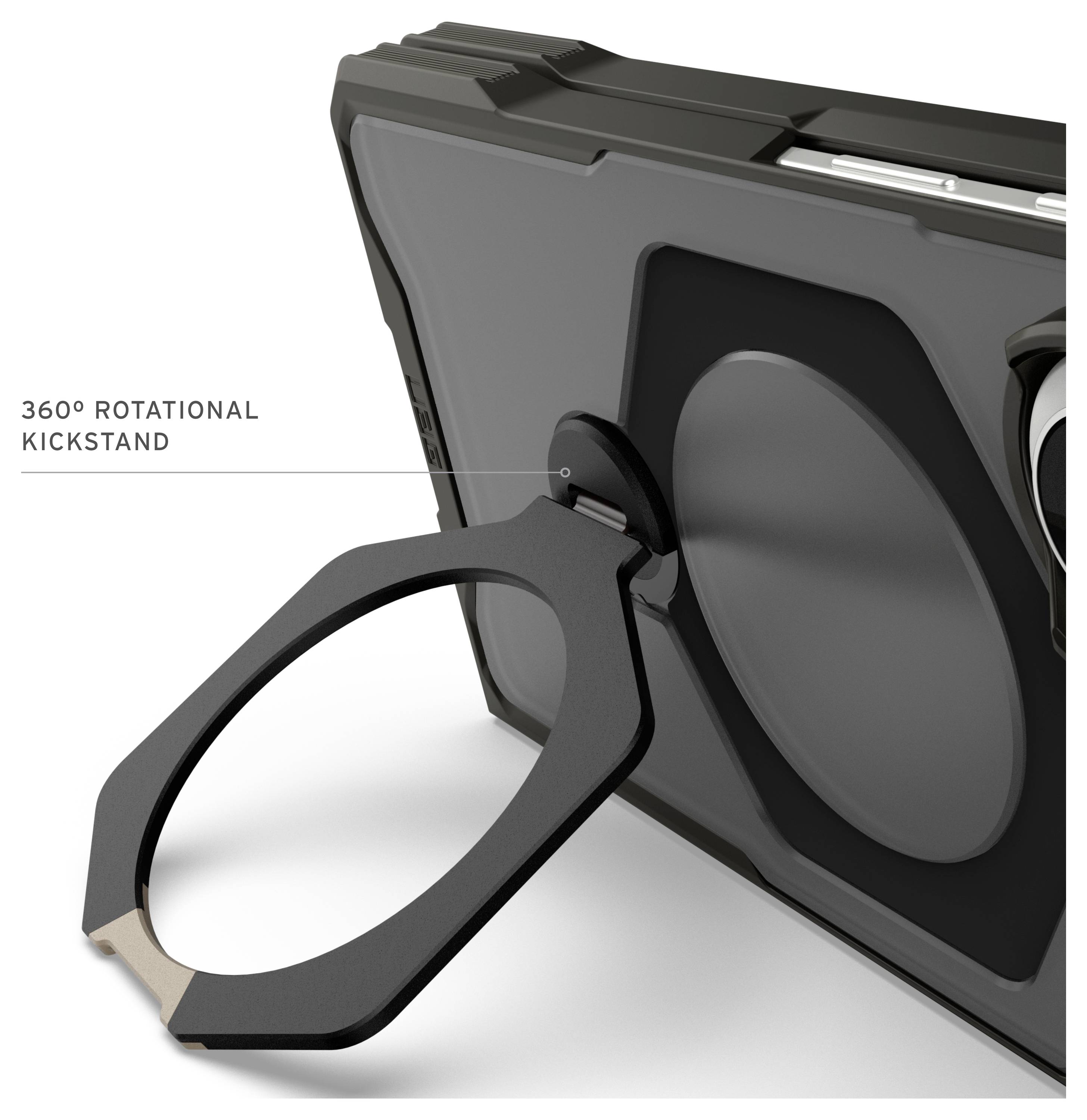 Tablet-Schutzhülle mit einem 360°-drehbaren Ständer für freihändiges Betrachten.