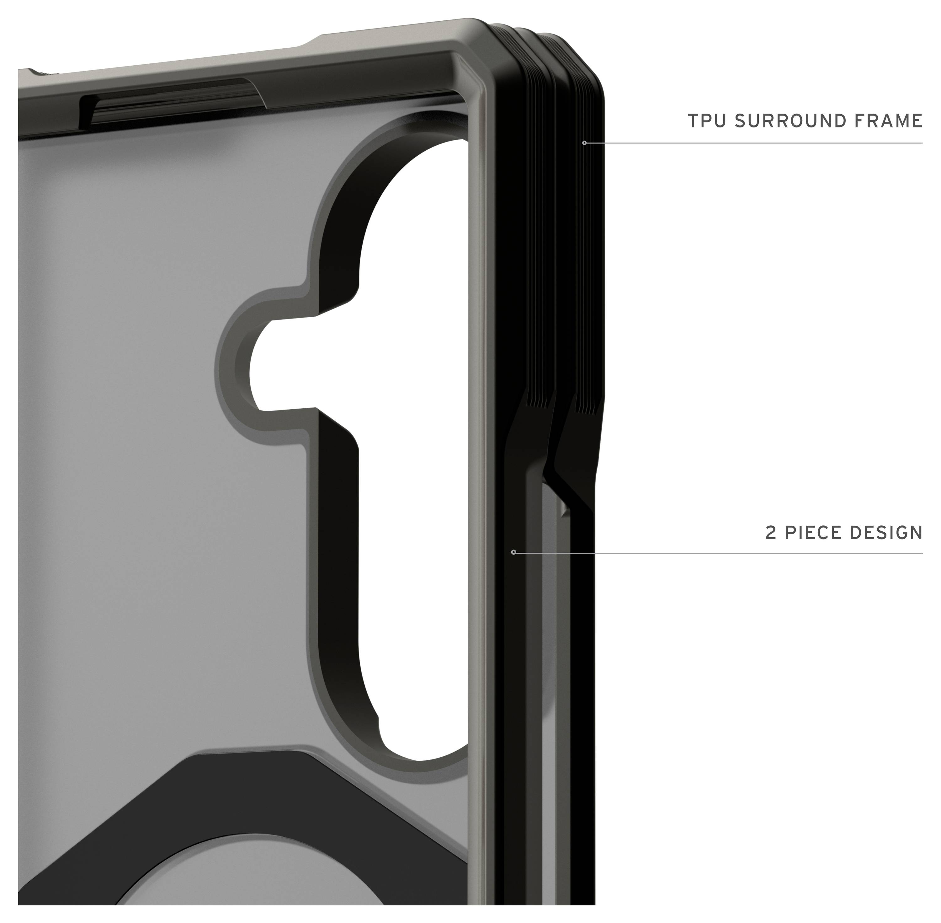 Nahaufnahme einer klaren TPU-Handyhülle zeigt eine Umrahmung und ein zweiteiliges Design mit Beschriftungen.