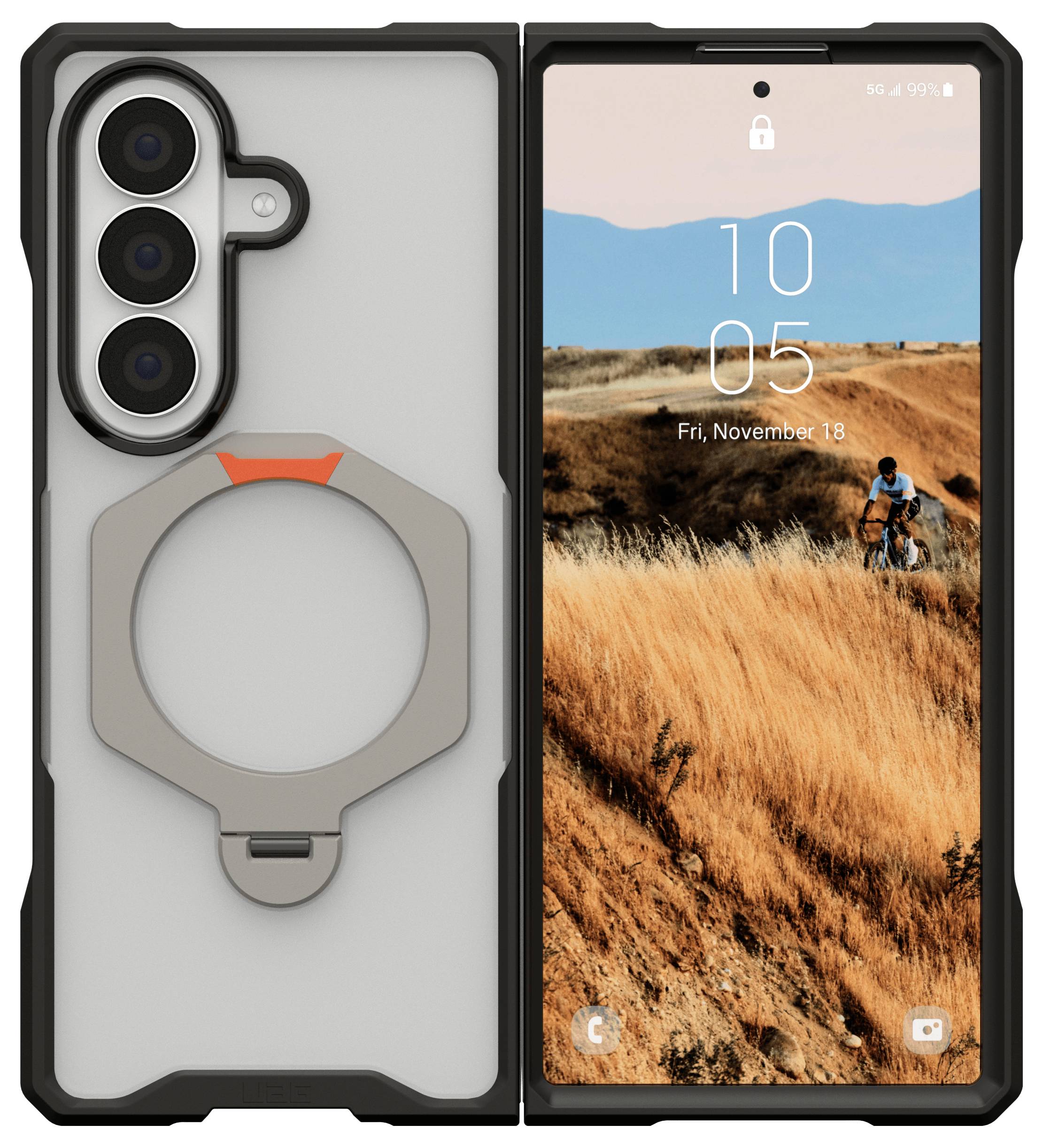 Faltbares Smartphone in einer robusten Schutzhülle, aufgeklappt dargestellt mit einem magnetischen Ringhalter auf der Rückseite und einem Querformat-Sperrbildschirm auf der Vorderseite.