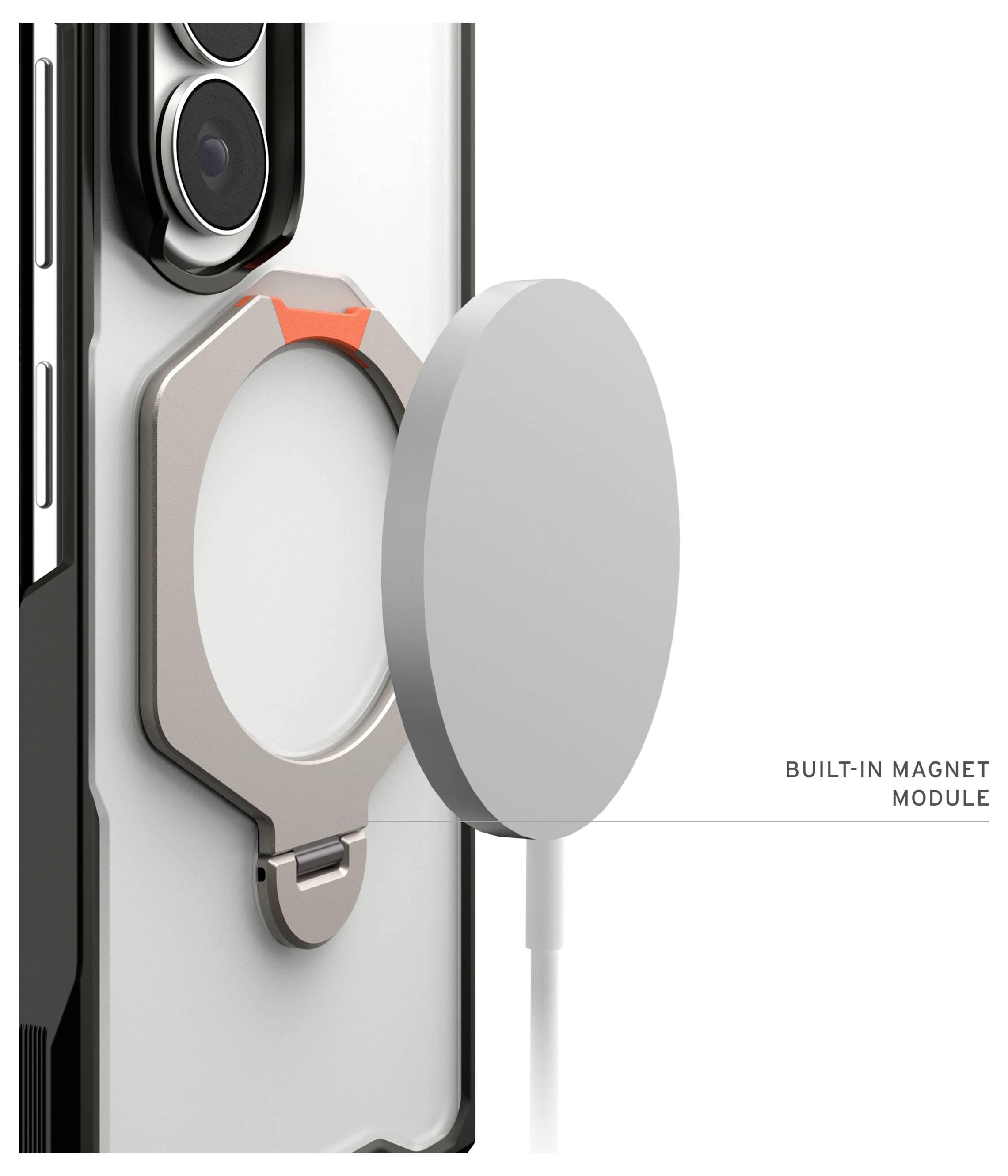 Illustration eines Smartphones mit einem ringförmigen kabellosen Ladegerät; mit der Bezeichnung "INTEGRIERTES MAGNETMODUL" zeigt magnetische Ausrichtung und Kabelverbindung.